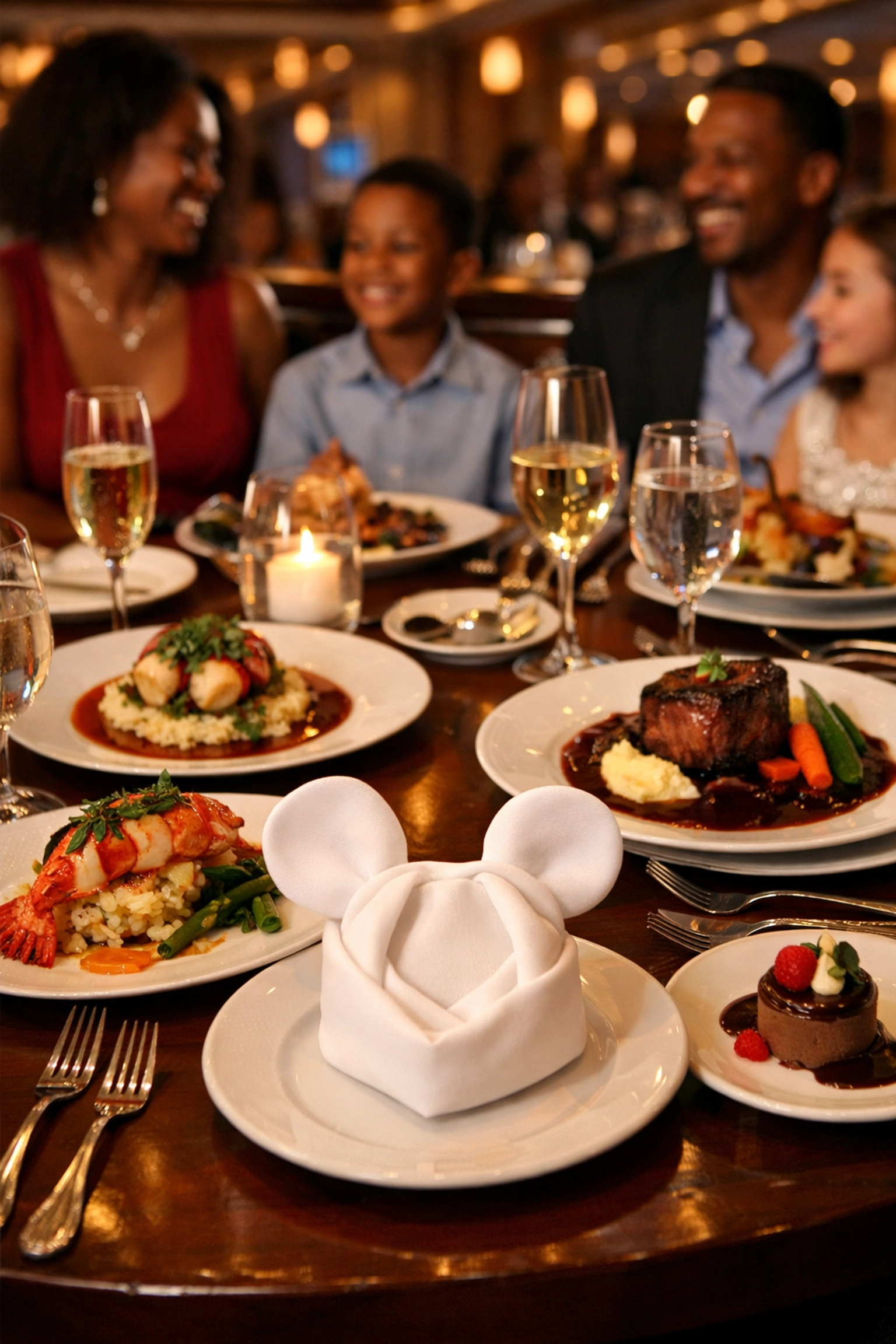 Elegant dining table with gourmet meals on Disney Cruise showing included restaurant experience