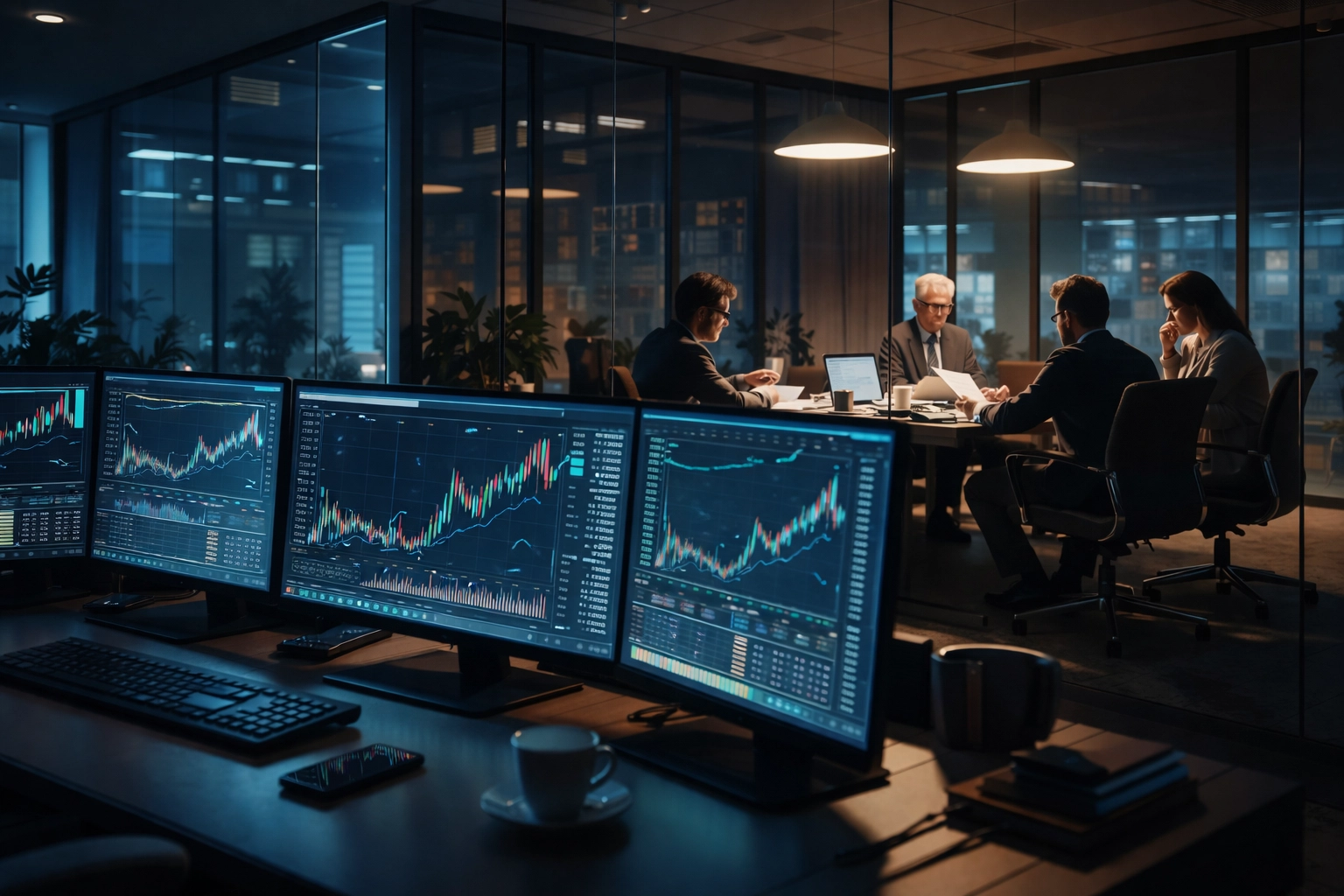 Hedge fund office with compliance team and trading screens, highlighting operational risk management.