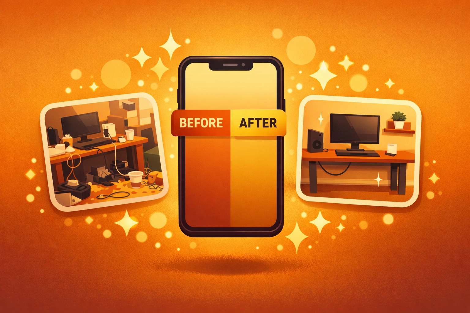 Before and after photo app showing a workspace transformation from a messy site to a clean installation.