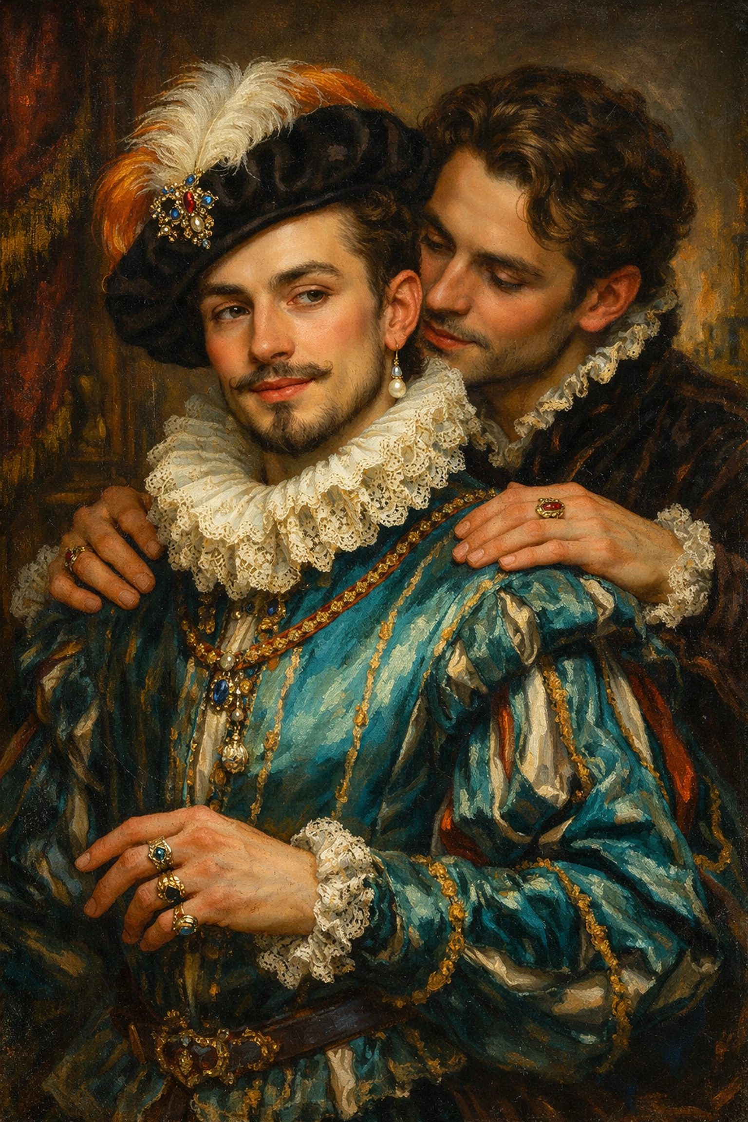 A flamboyant Renaissance noble with his male companion in the Polish court, a classic MM romance trope.