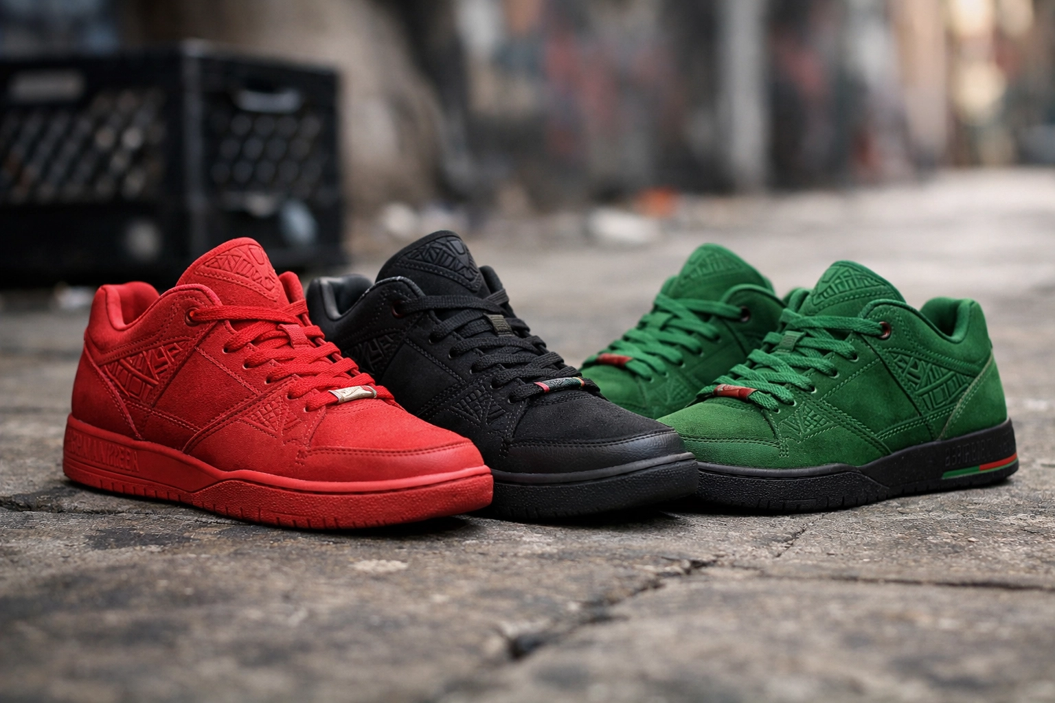 Three pairs of culturally-inspired red, black, and green sneakers displayed on concrete, showcasing Pan-African heritage colors with no mainstream logos