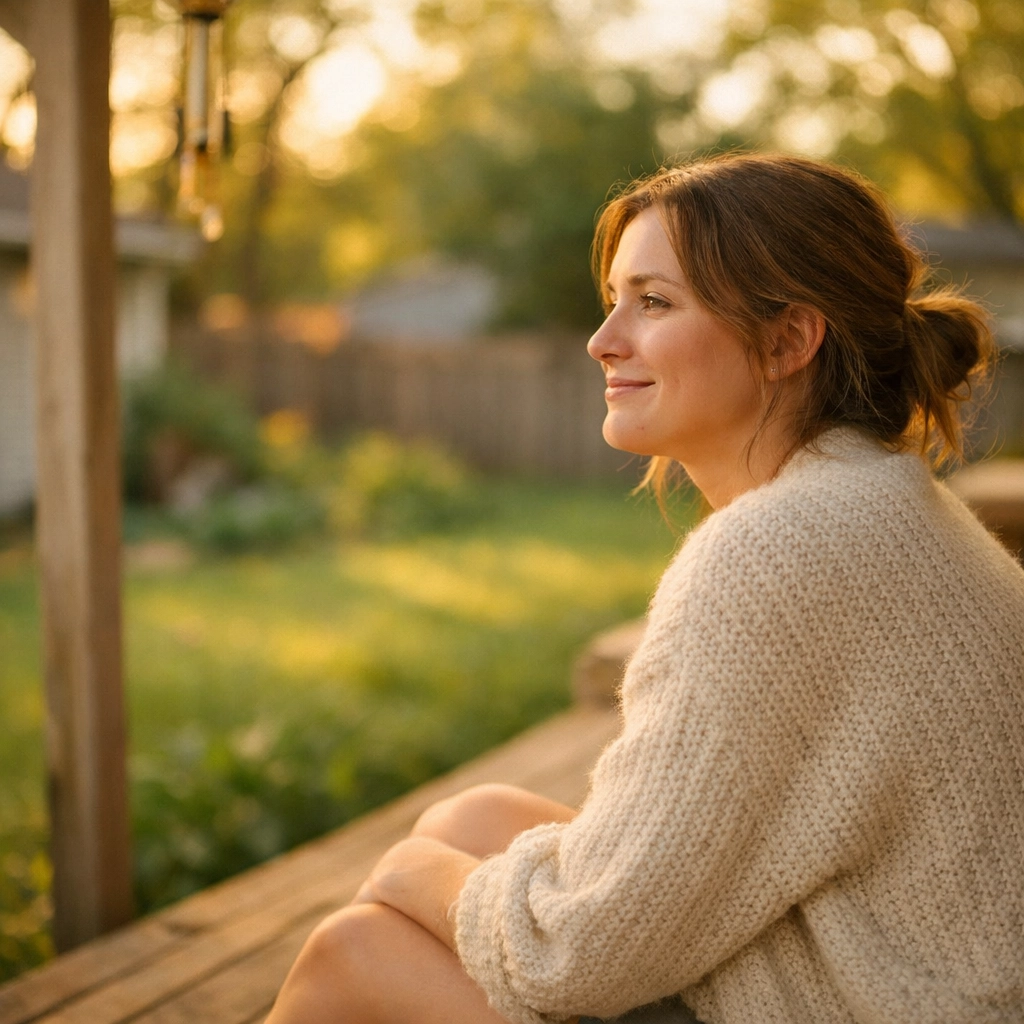 Content woman in Kansas enjoying a peaceful moment, reflecting on the security of surrogate compensation.
