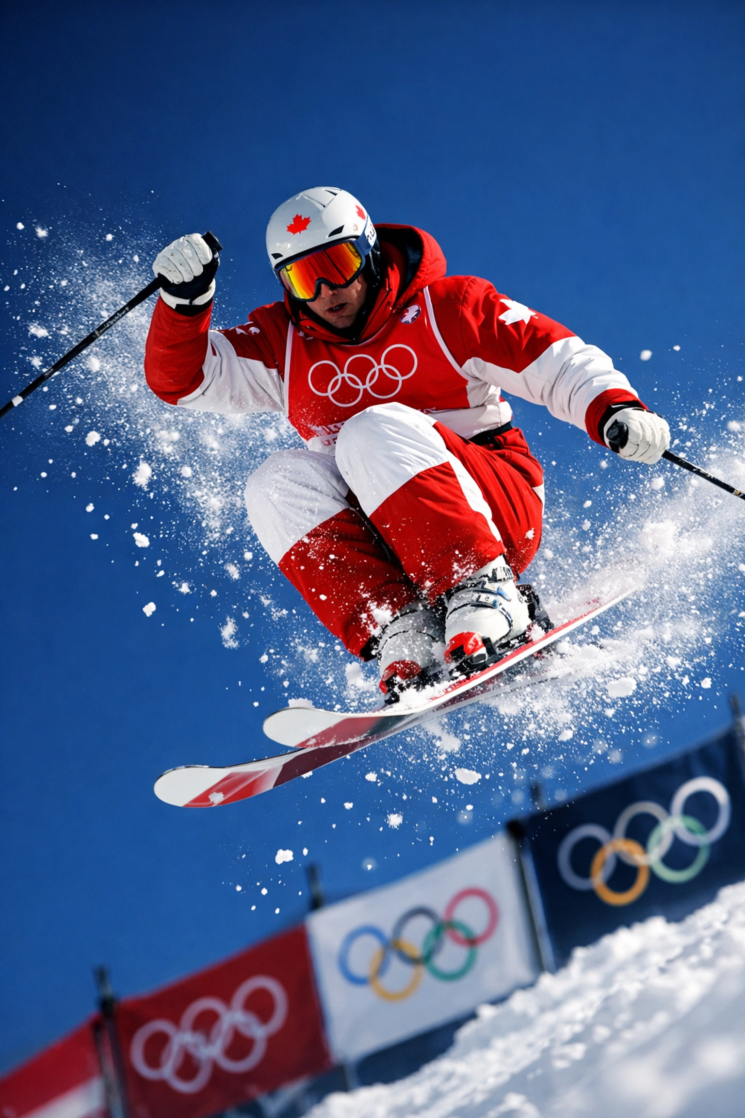 Montreal moguls skier Mikaël Kingsbury competing mid-air at 2026 Winter Olympics