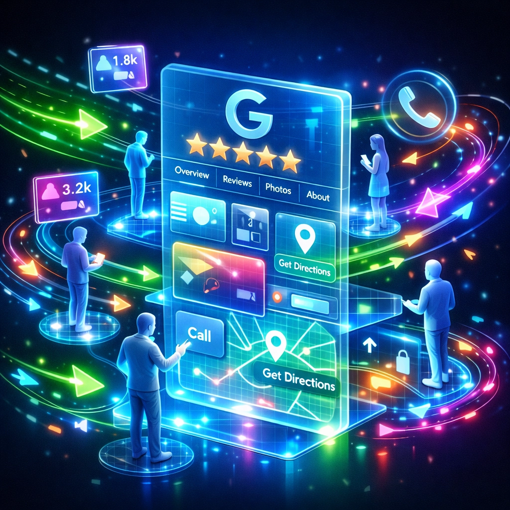 Google Business Profile showing engagement metrics like photo views, clicks, and customer interactions