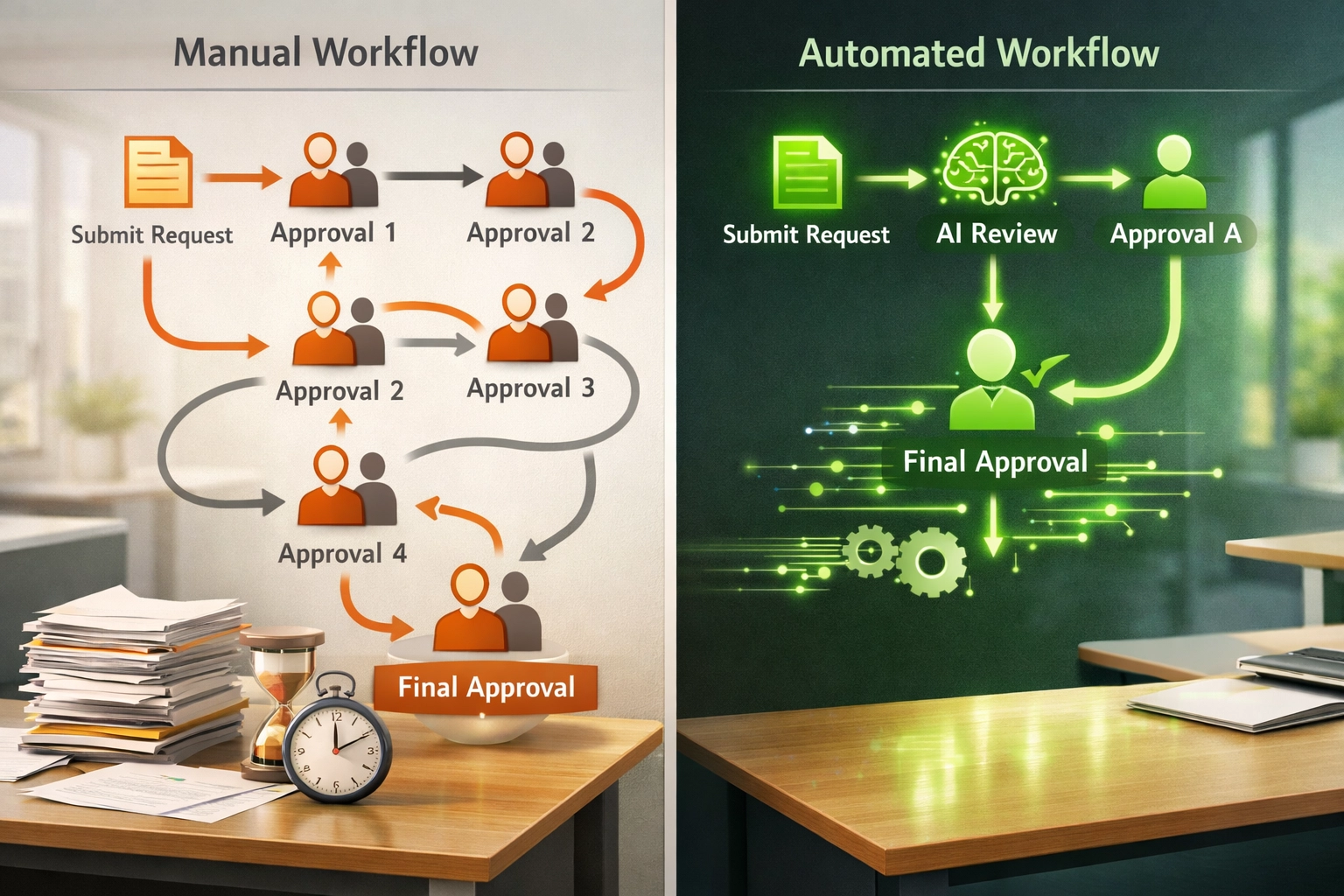 Manual workflow versus automated ServiceNow workflow comparison showing efficiency improvements