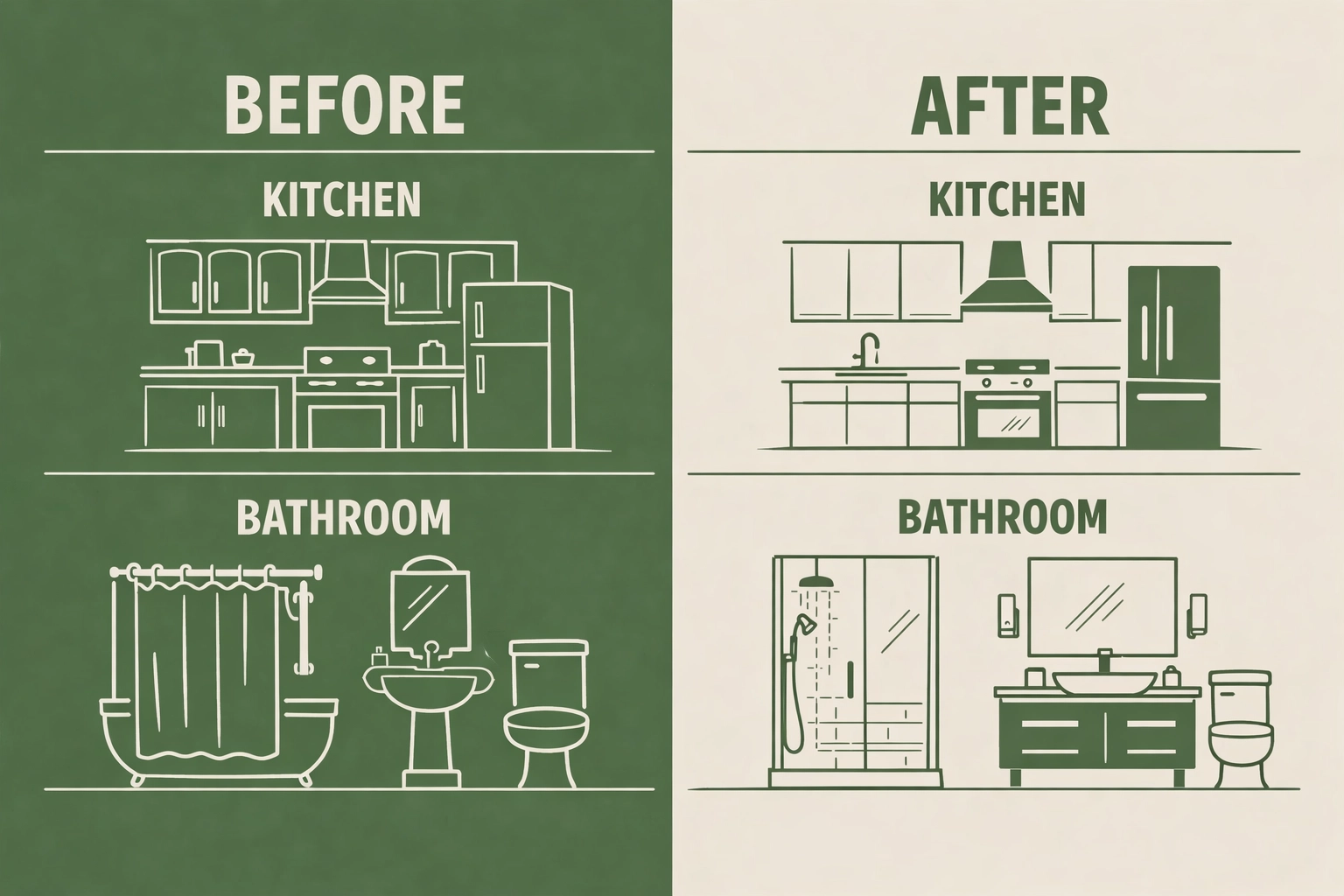 Before and after kitchen and bathroom renovation concept graphic (no skyline)