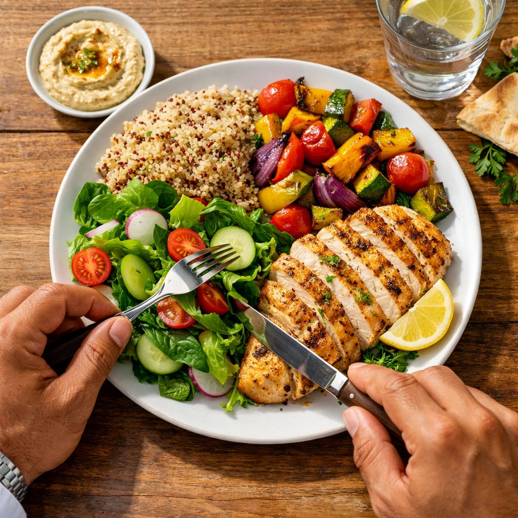 Balanced lunch plate with lean protein, vegetables, and whole grains