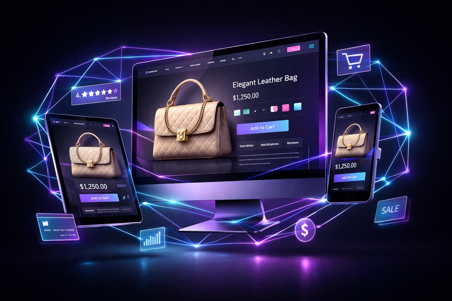 Omnichannel luxury ecommerce experience across desktop, mobile, and tablet devices with synchronized data