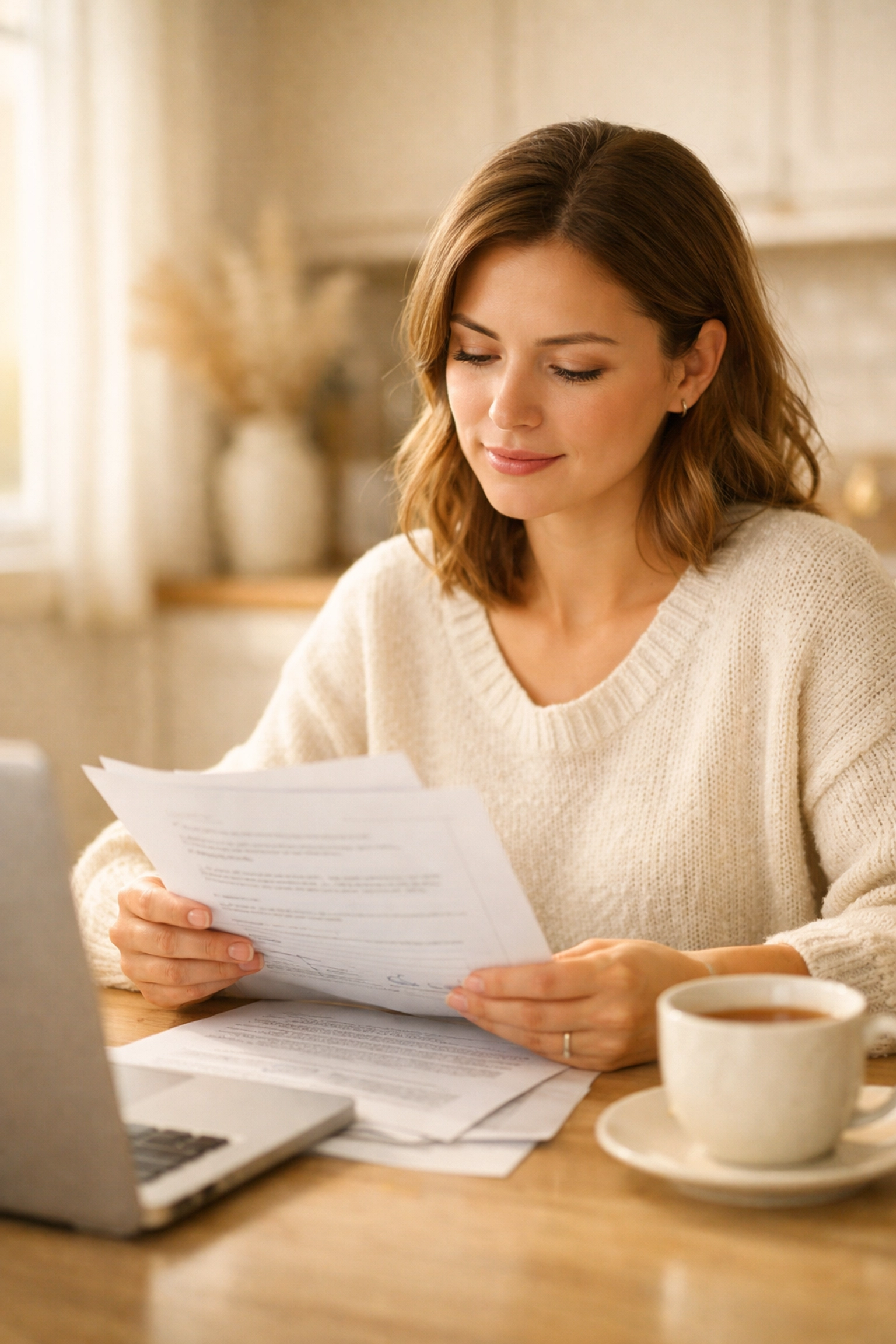 Woman reviewing Texas surrogacy legal documents and researching requirements at home