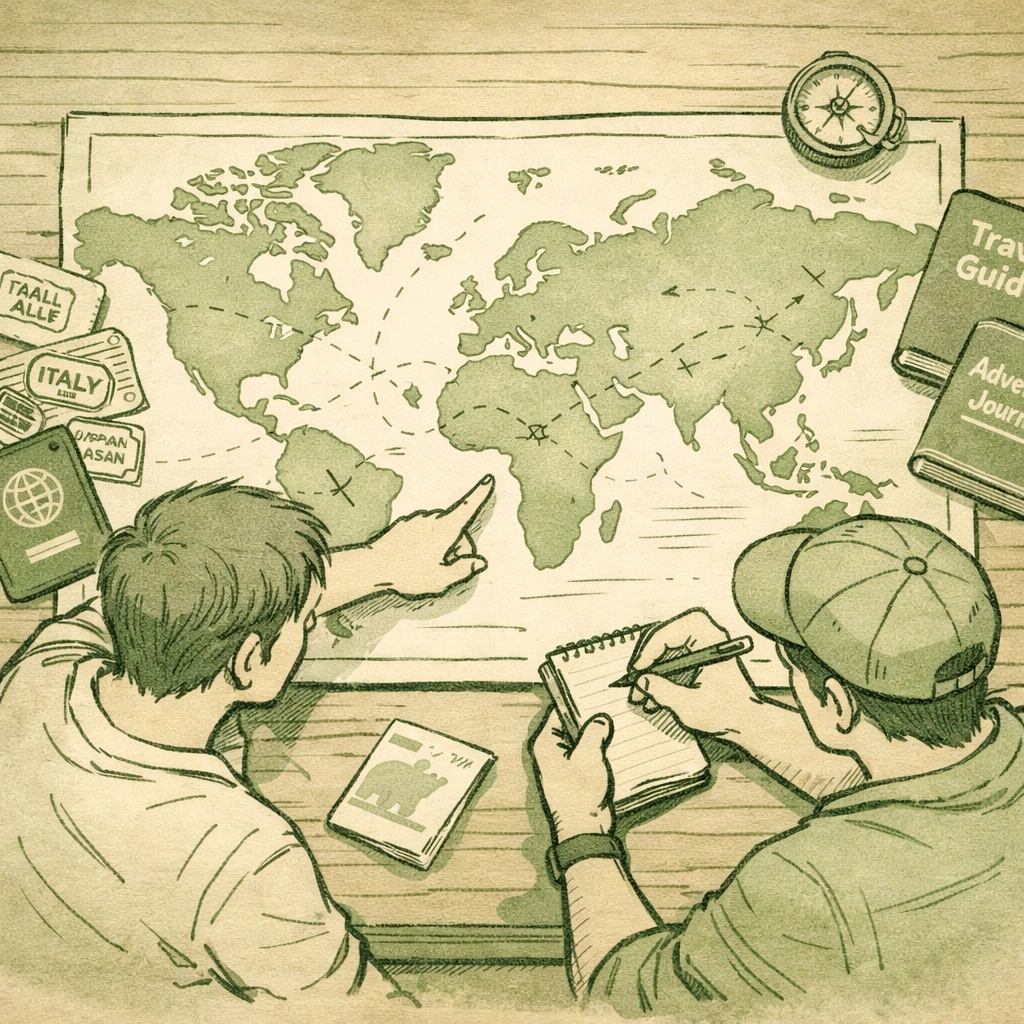 Gay couple planning honeymoon destinations with world map and travel guides on table