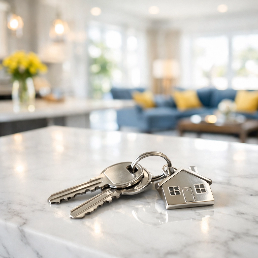 House keys on a spotless marble counter after professional move-in/move-out cleaning in Lowell.