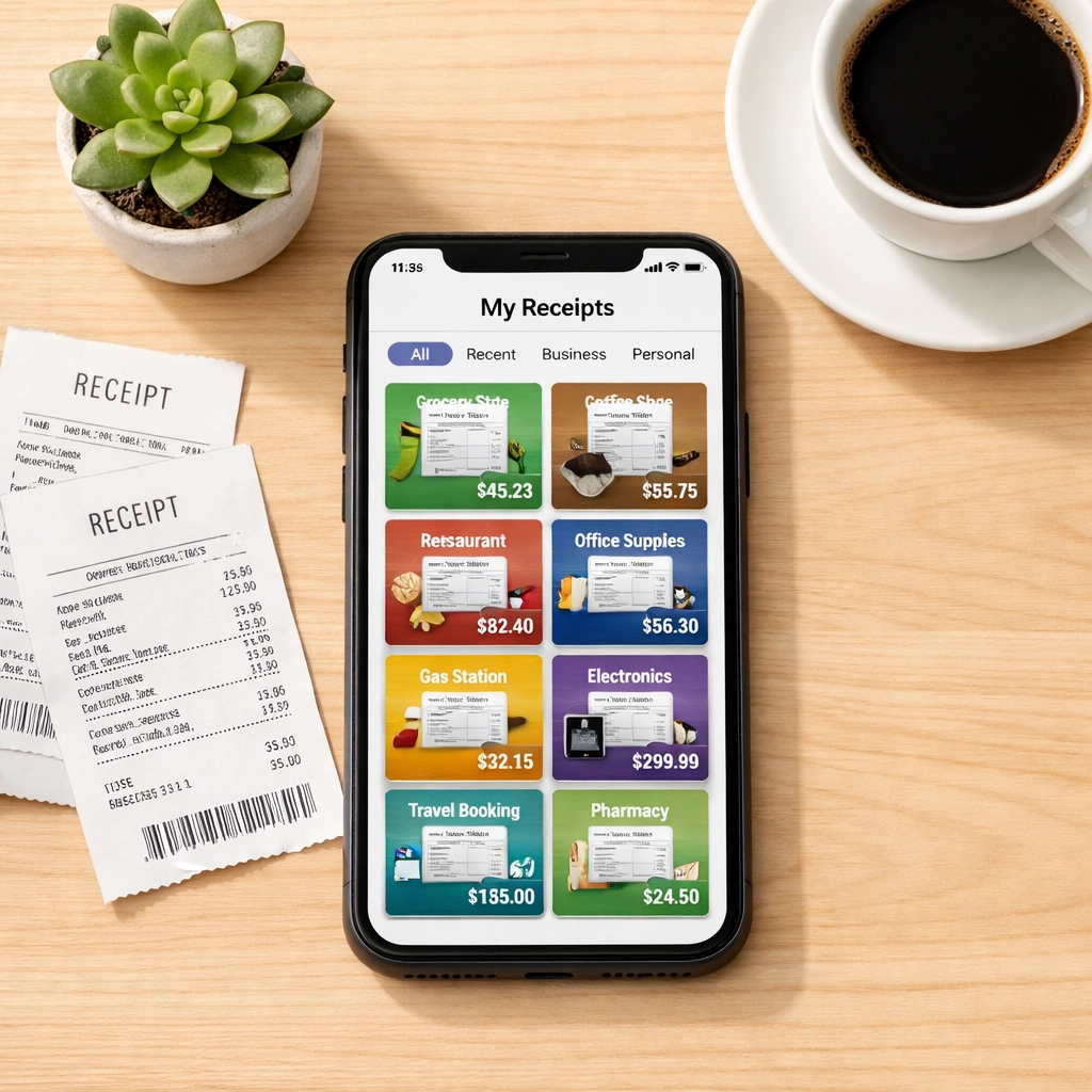 Smartphone with receipt scanning app showing organized digital receipts for business tax documentation