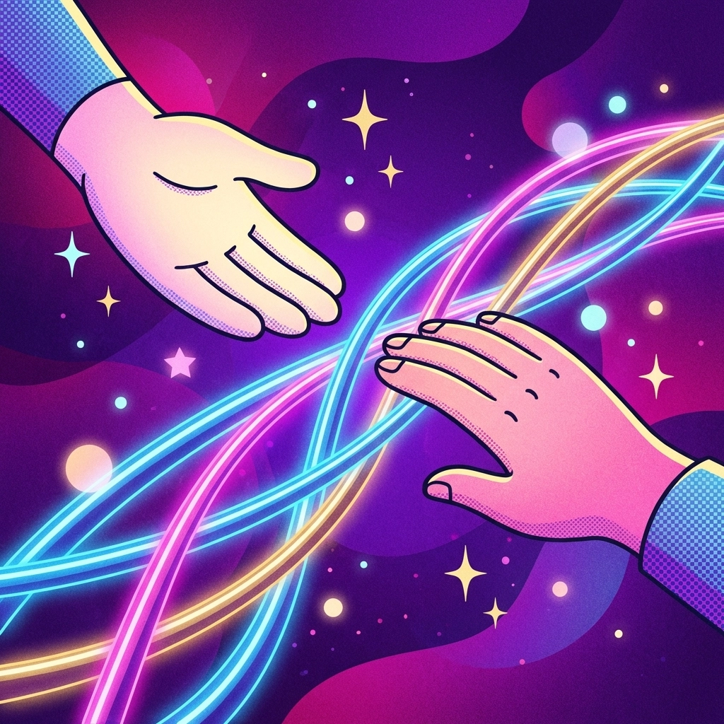 Two inviting hands reach across a glowing neon bridge, symbolizing curiosity and open communication in relationships.
