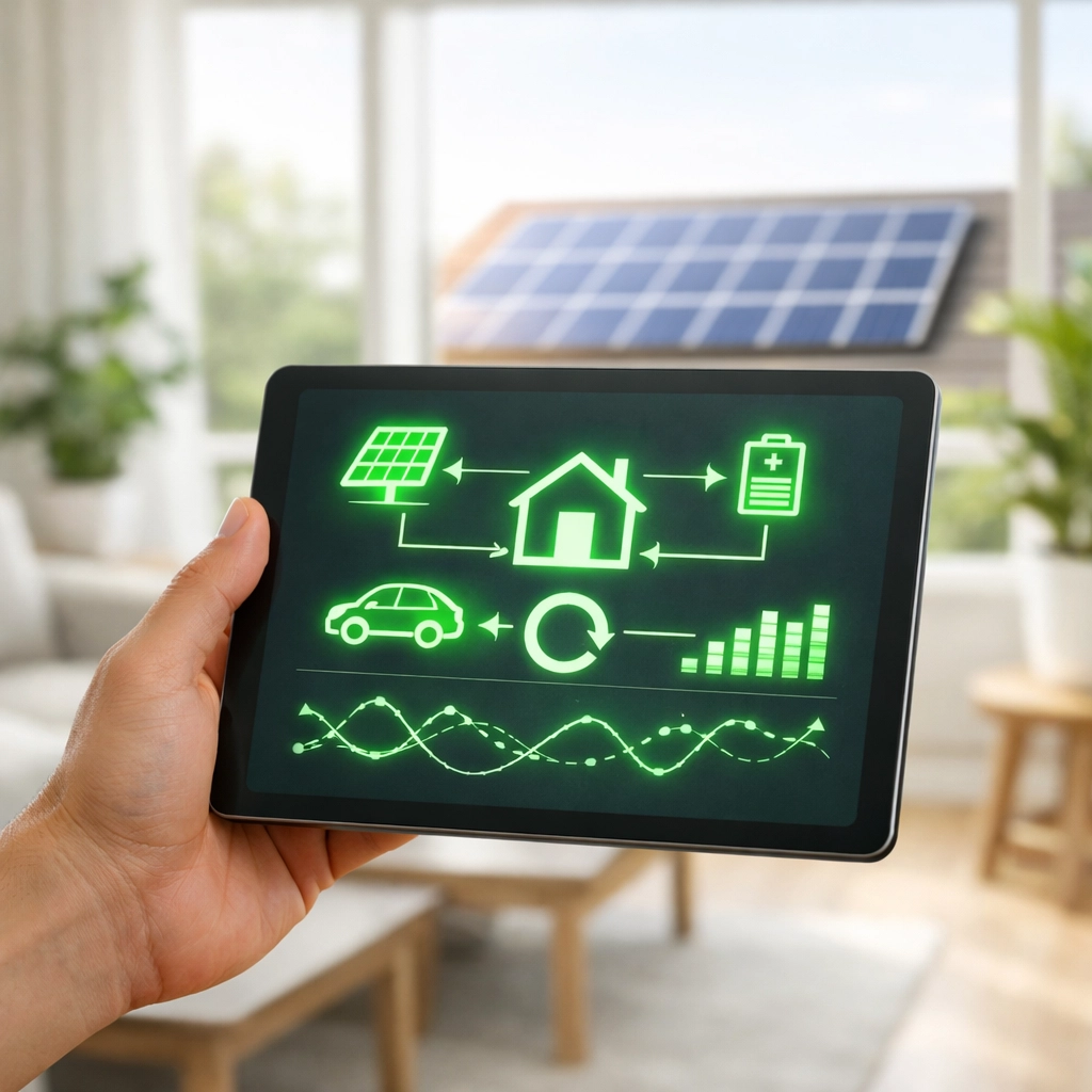 Homeowner monitoring solar energy performance on a tablet with rooftop panels in the background.