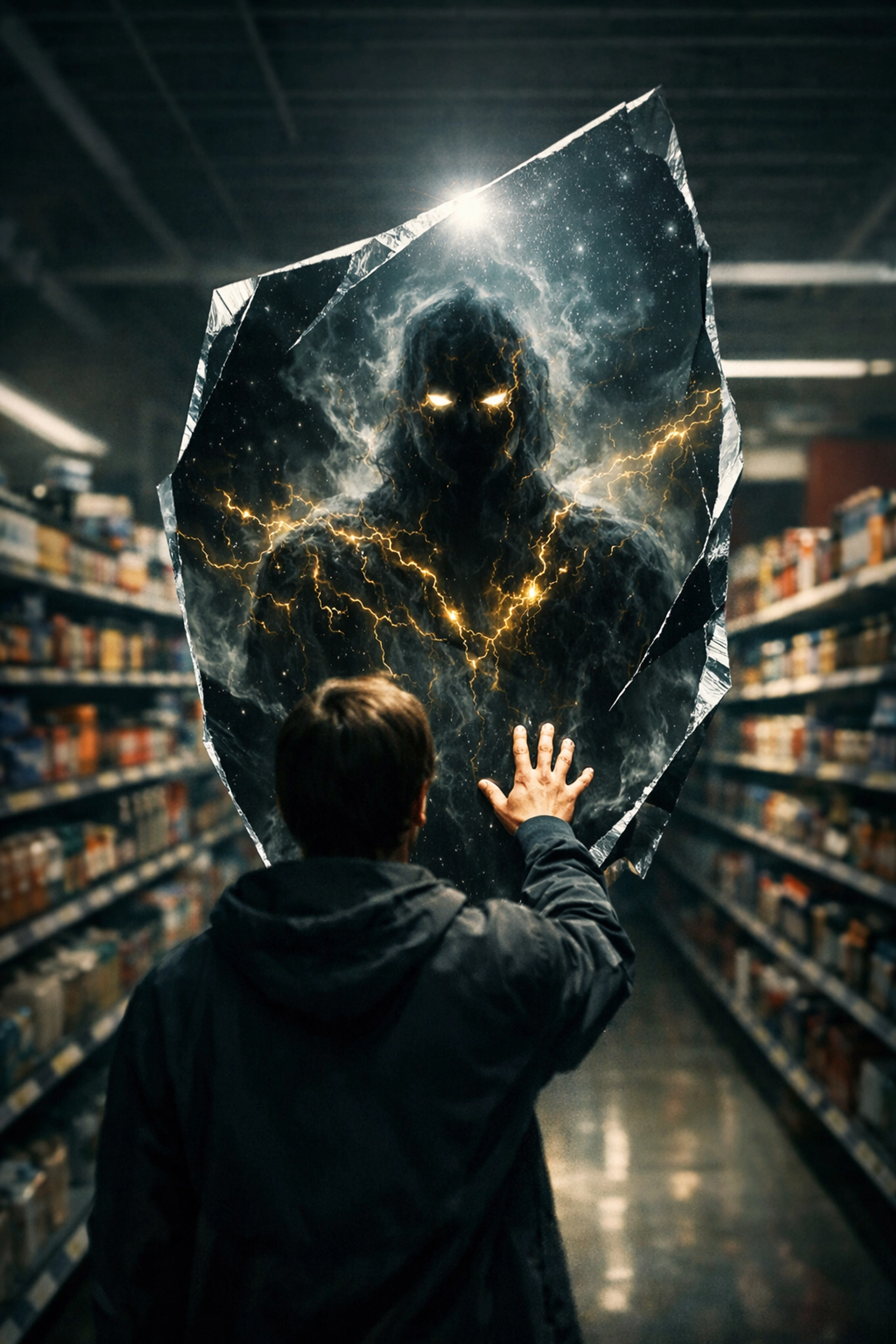 Surreal mirror reflection of a person’s cosmic shadow self, illustrating shadow work and subconscious triggers.