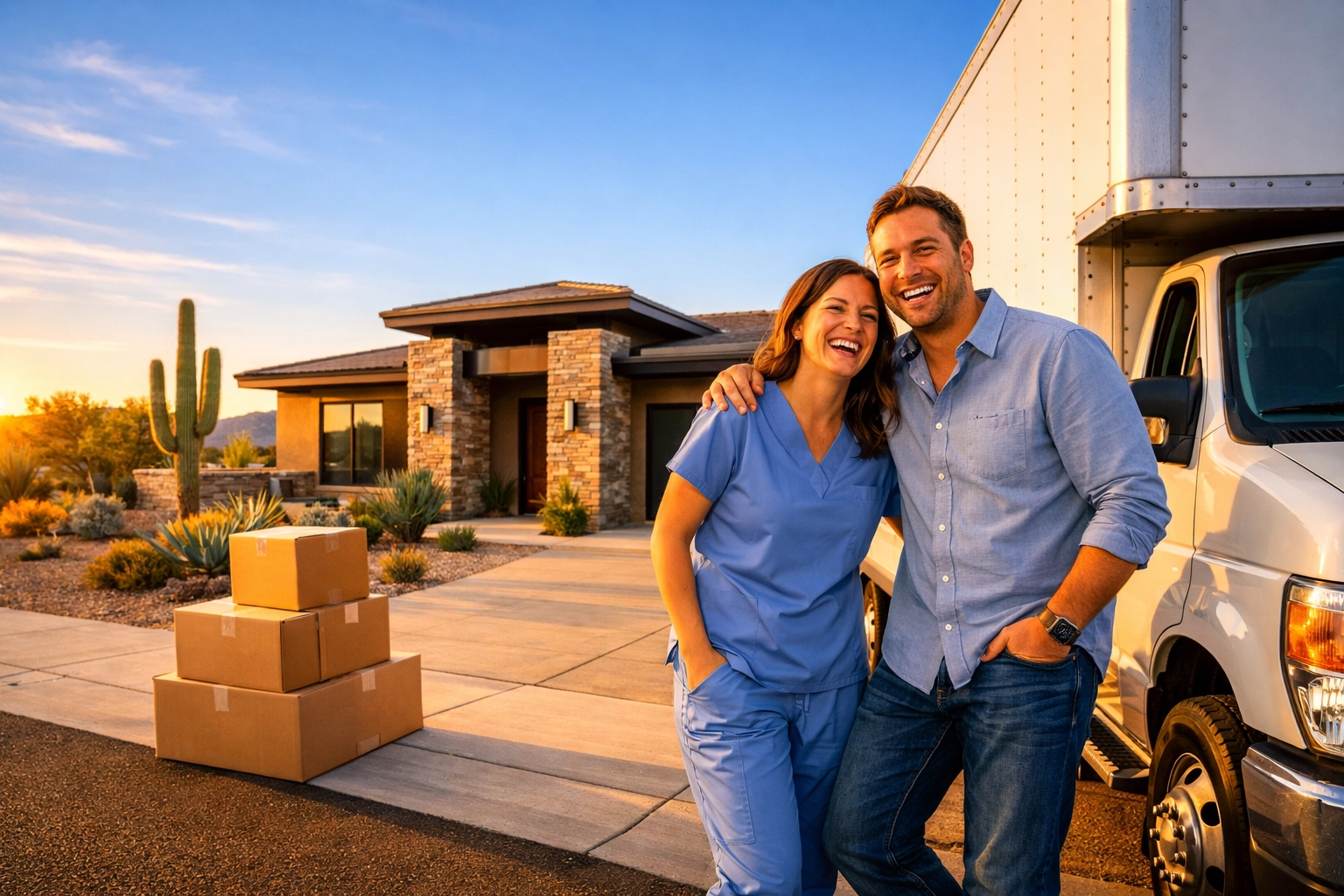 A healthcare hero couple moving into a new construction home using Rewarding Heroes moving benefits in Phoenix.