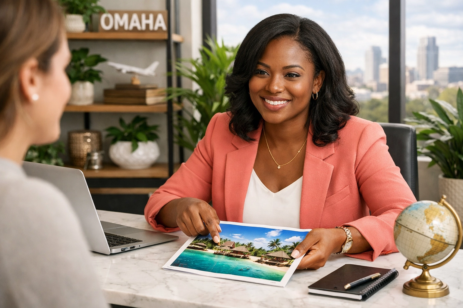 An Omaha travel agent helps a client finalize their custom travel itinerary at a boutique agency.