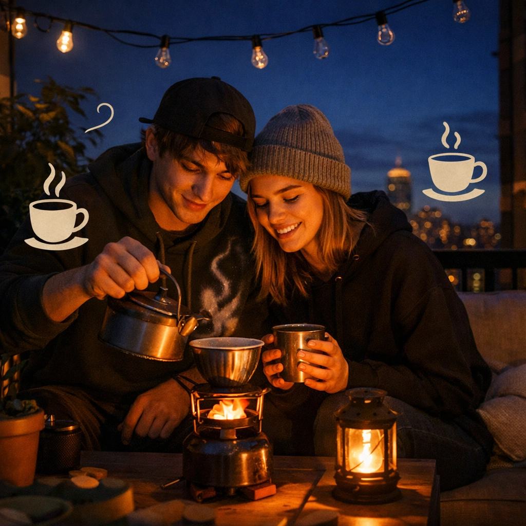 Urban couple using camping stove on apartment balcony during power outage