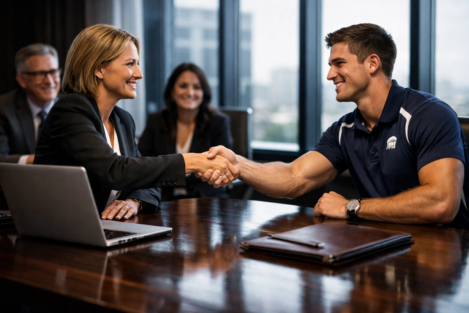 Business consultant and collegiate athlete shaking hands to finalize a professional and compliant NIL partnership.