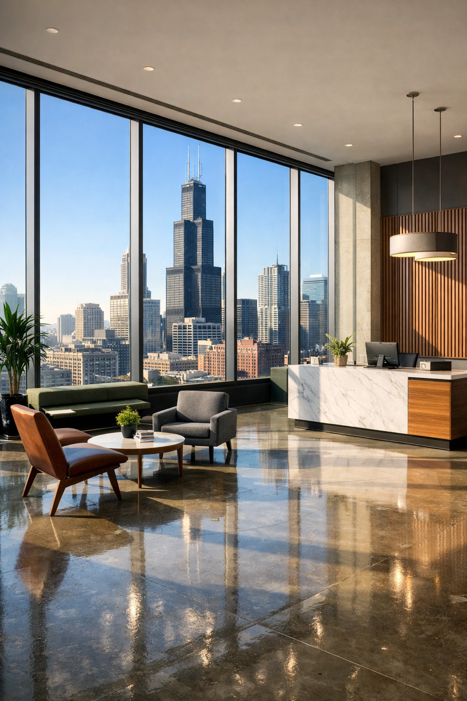 Modern Chicago West Loop office with polished floors and a view of the Willis Tower skyline.