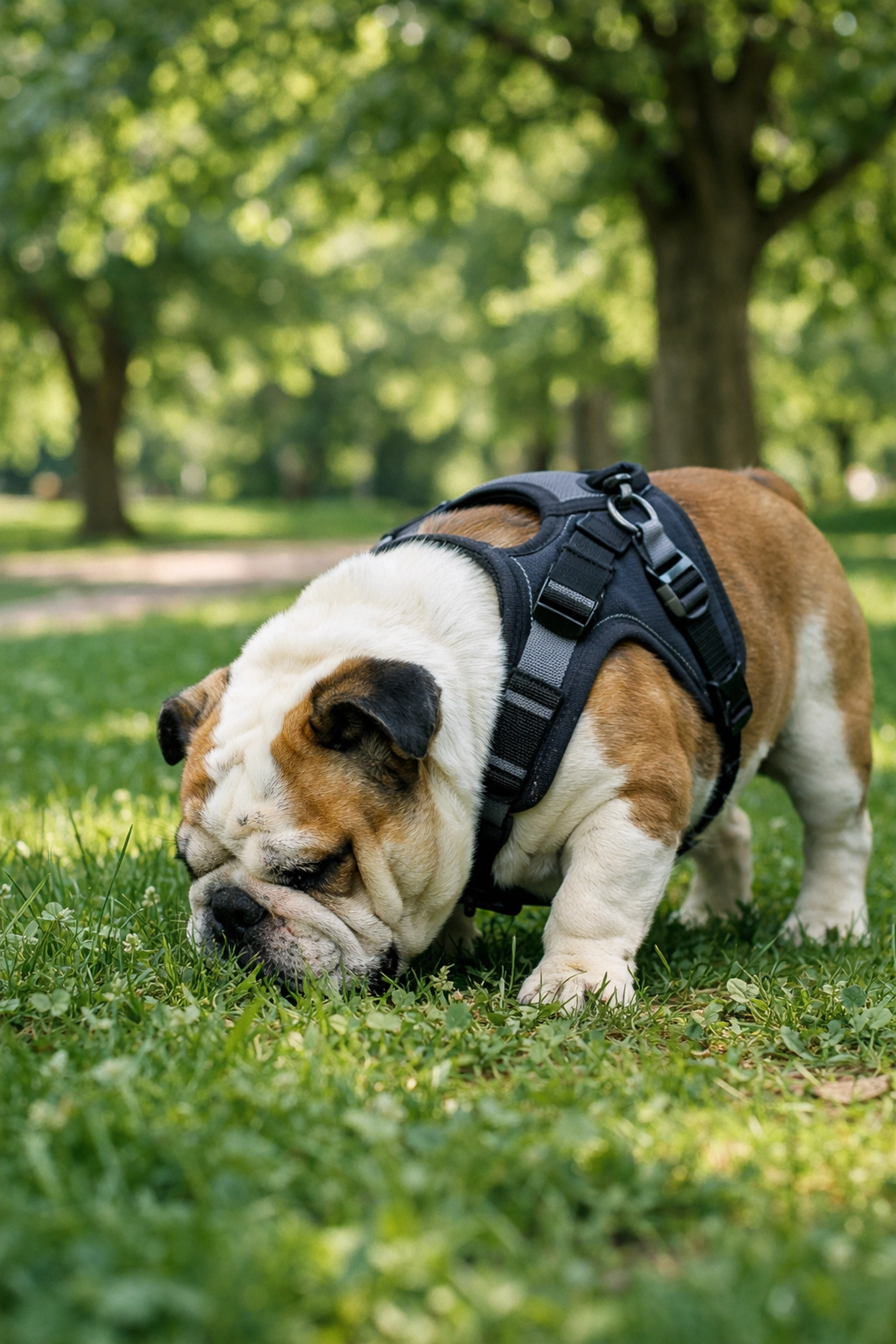 Bouledogue anglais en promenade avec son harnais, pratiquant une activité physique modérée.
