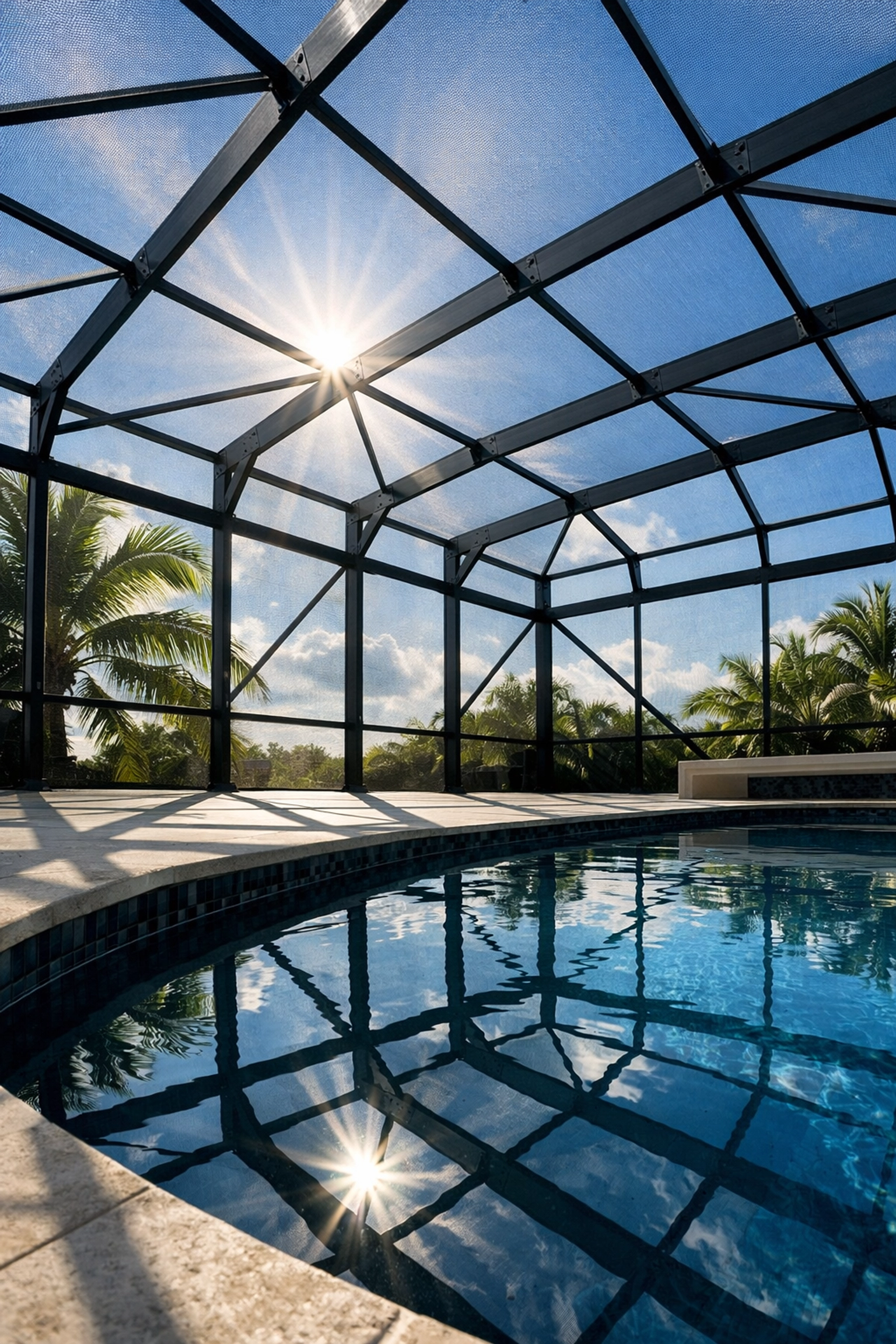 Hurricane-resistant pool cage structure in Cape Coral Florida home