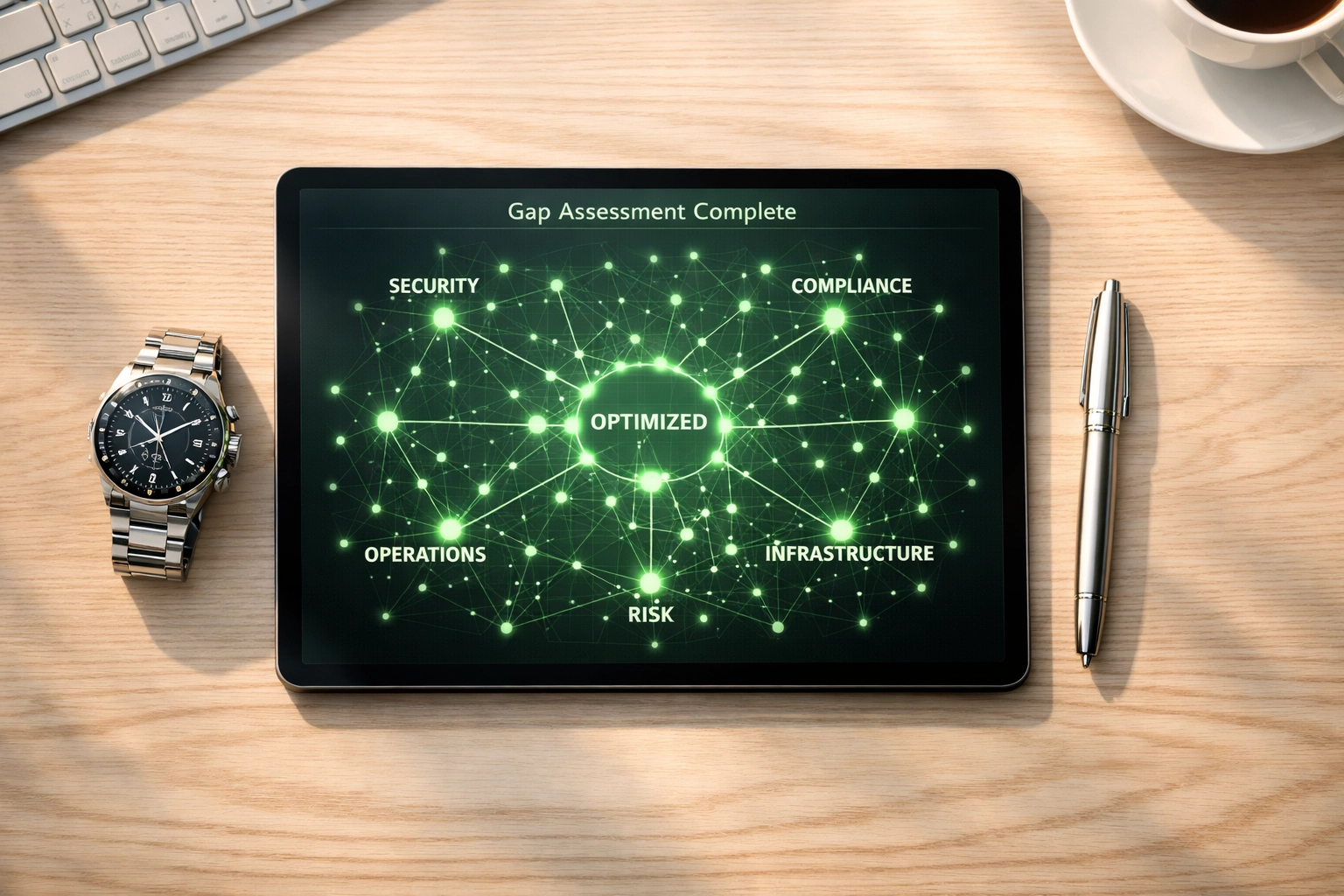 IT support Santa Barbara workstation showing a digital CMMC gap assessment and network security map.