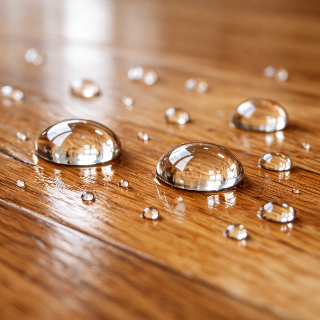 Water droplets beading on polyurethane hardwood floor finish showing water resistance