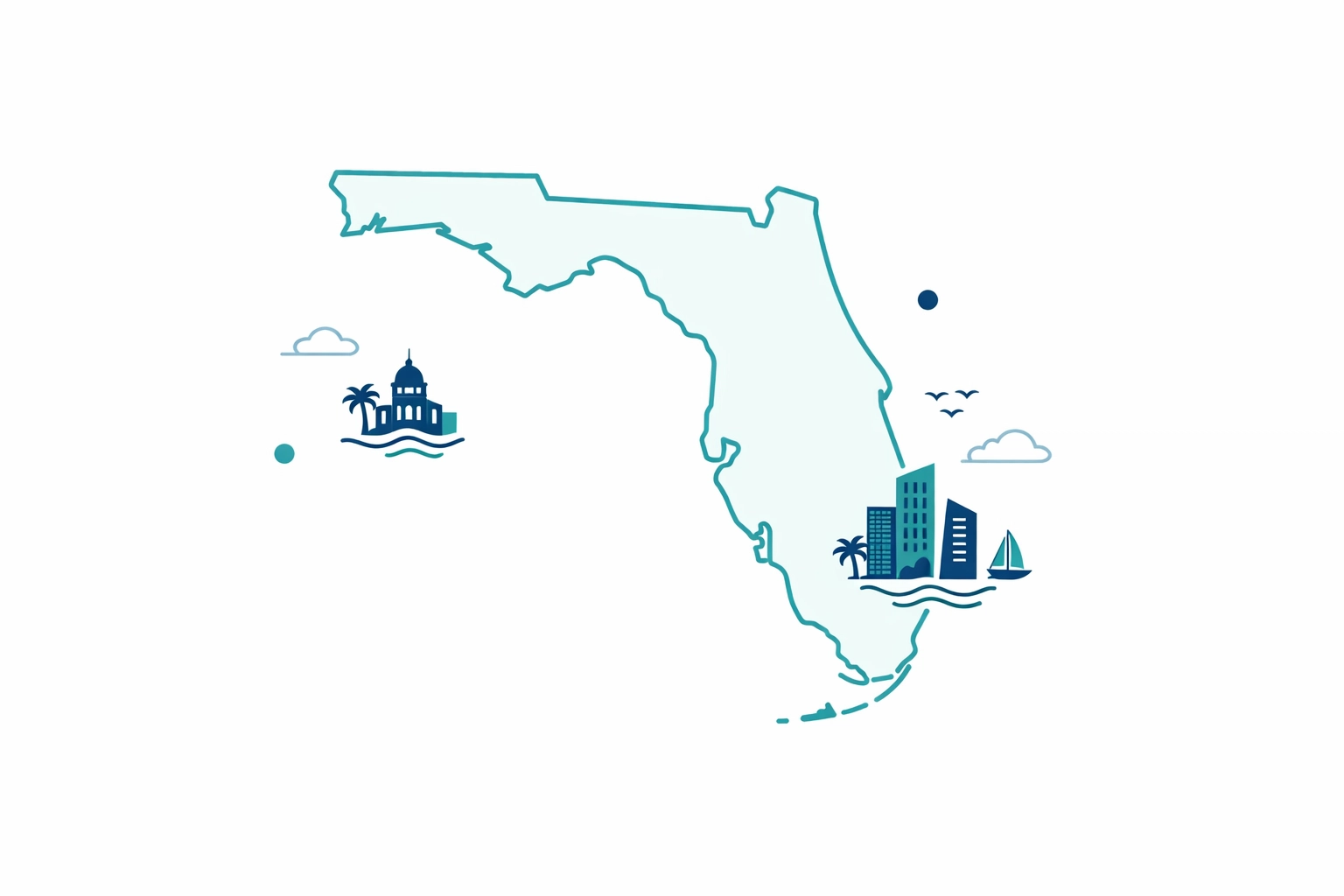 Minimal Florida outline with subtle Miami and Tampa markers in a clean flat design.