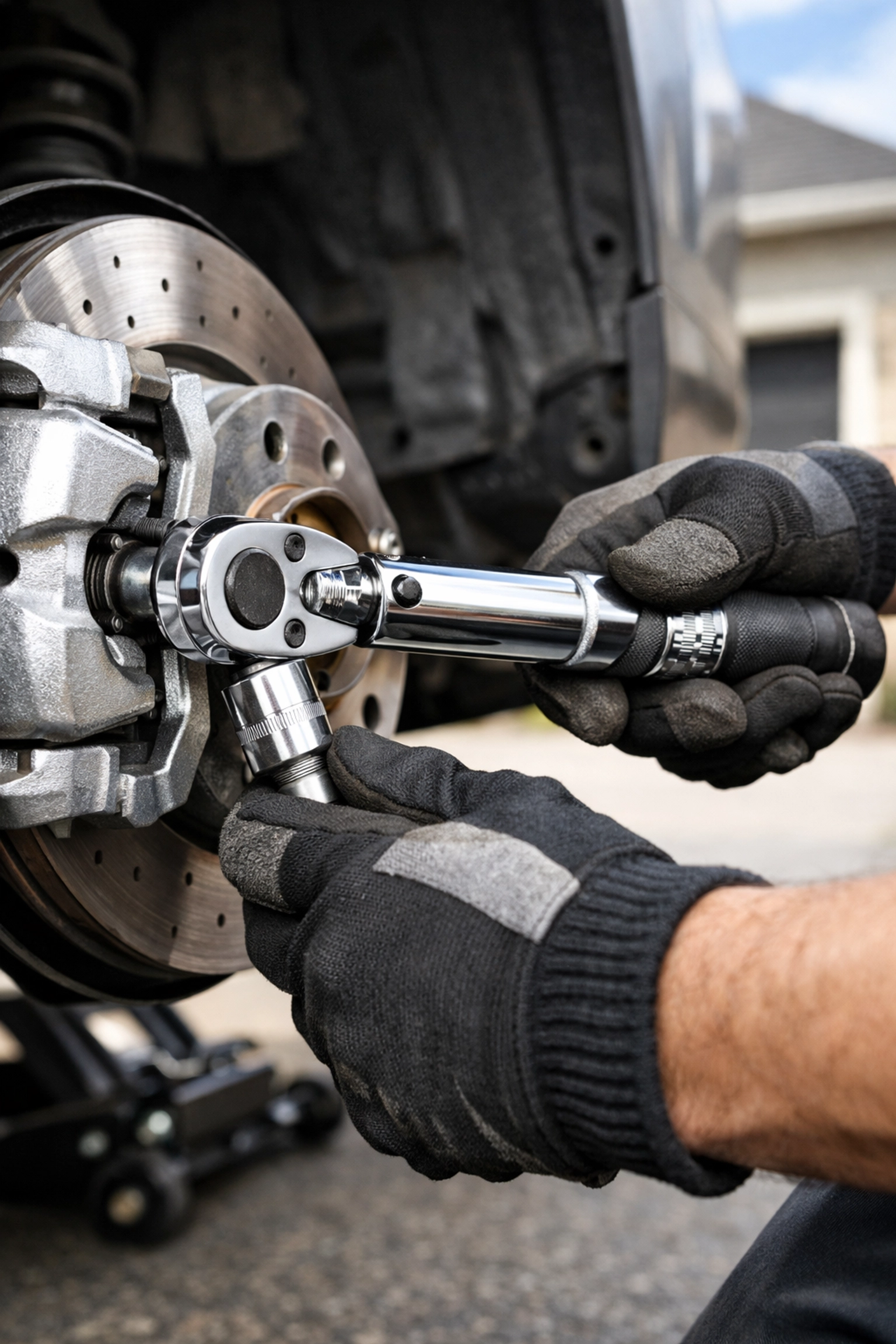 Mobile mechanic using torque wrench on brake caliper during driveway repair service