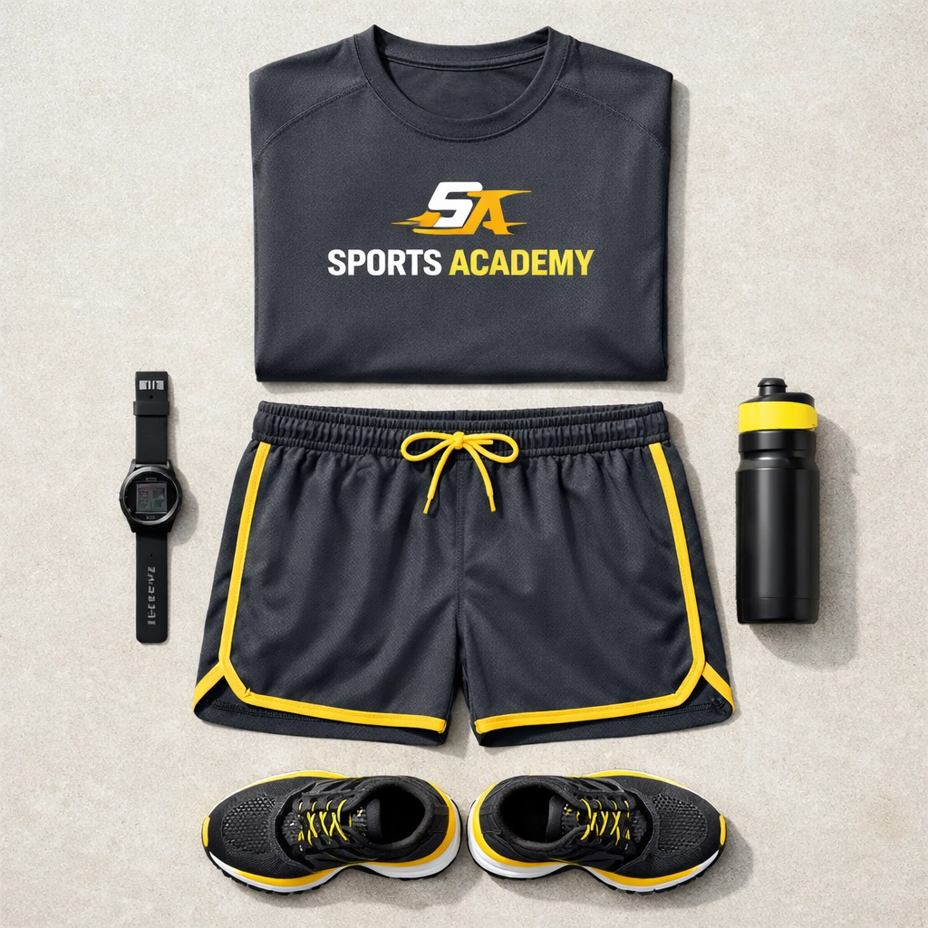 Custom sports academy kit featuring moisture-wicking t-shirt and athletic shorts in charcoal and yellow.