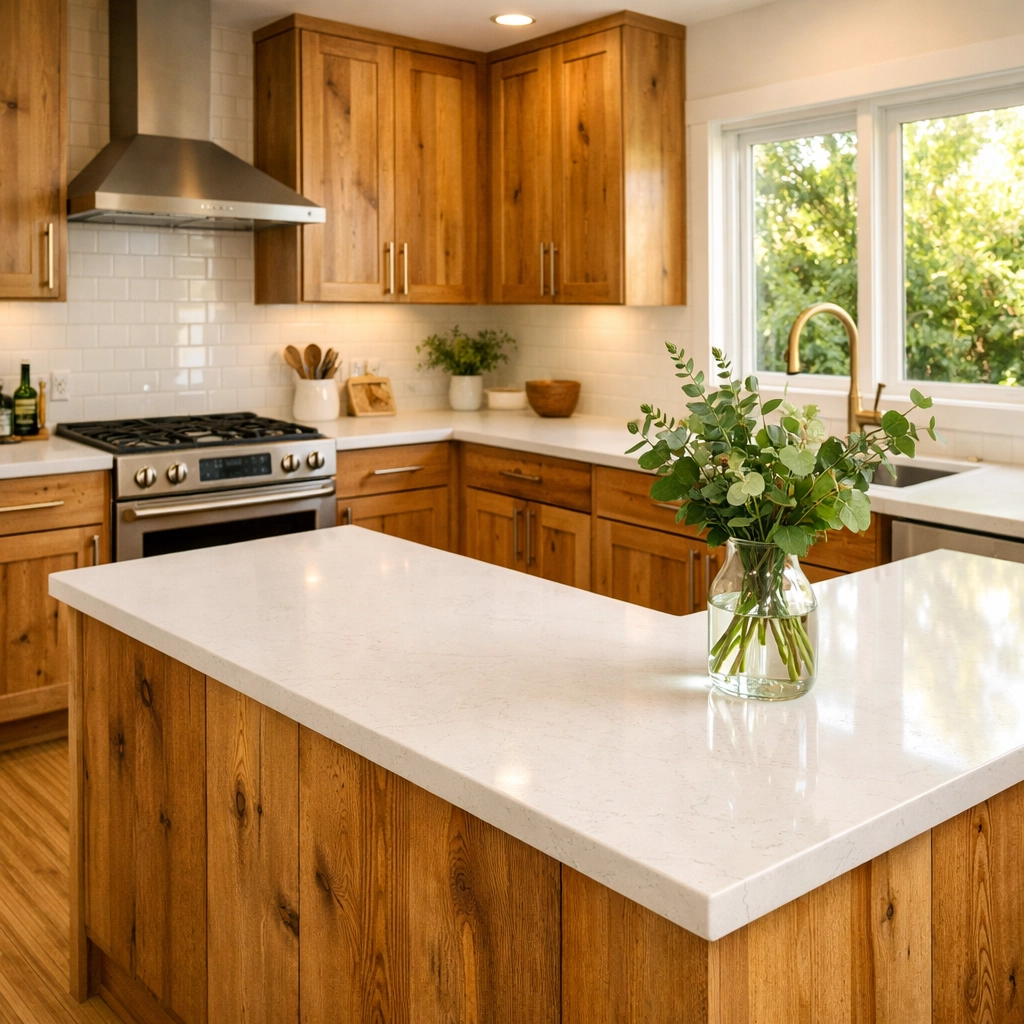 Modern kitchen with eco-friendly reclaimed wood cabinets and quartz countertops