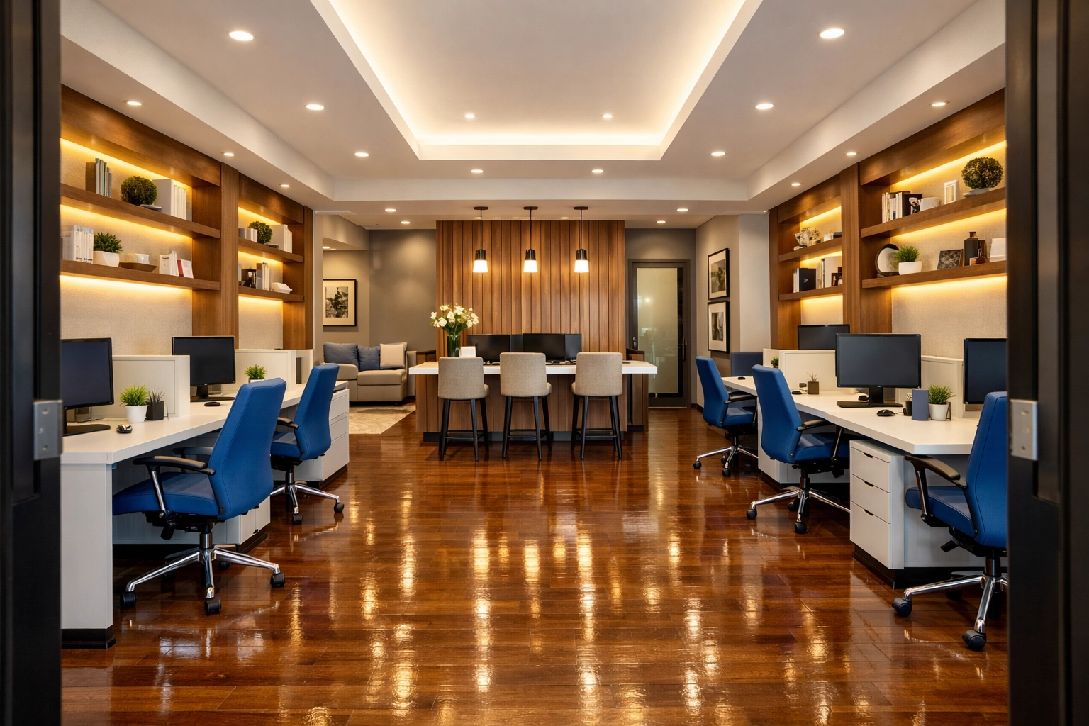 Clean apartment leasing office and co-working space highlighting commercial cleaning standards in Bedford.