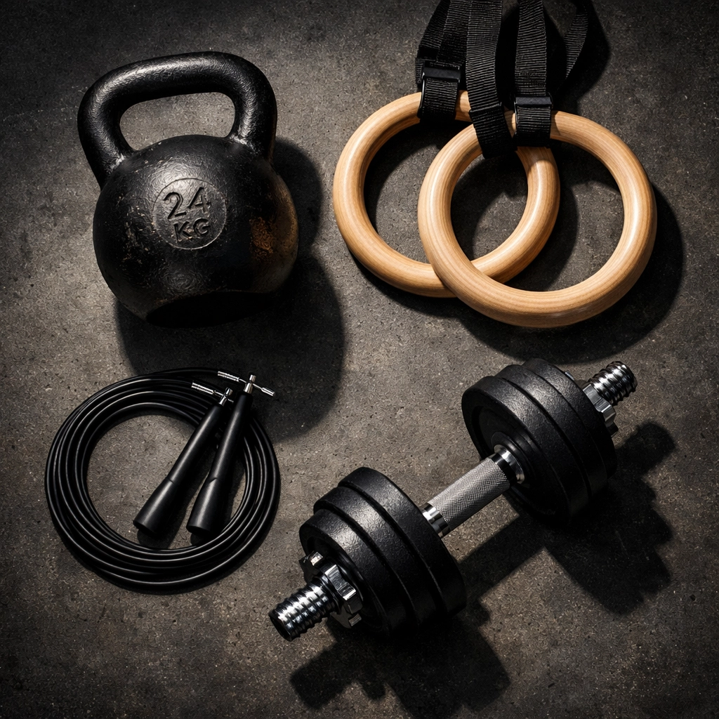 Essential CrossFit home gym equipment including kettlebell, rings, and dumbbells