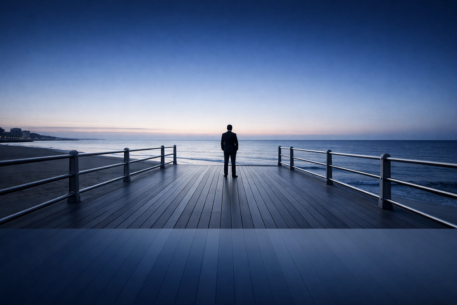 Professional figure at Virginia Beach at dawn, representing clarity and a new chapter after a divorce.