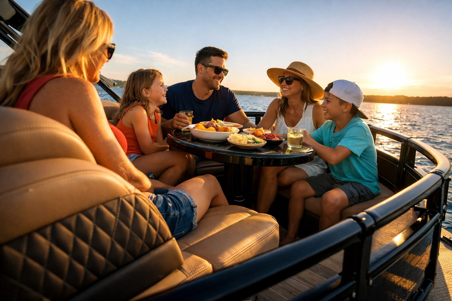 A happy family relaxing on a luxury pontoon boat deck with a swing-back lounge during golden hour.