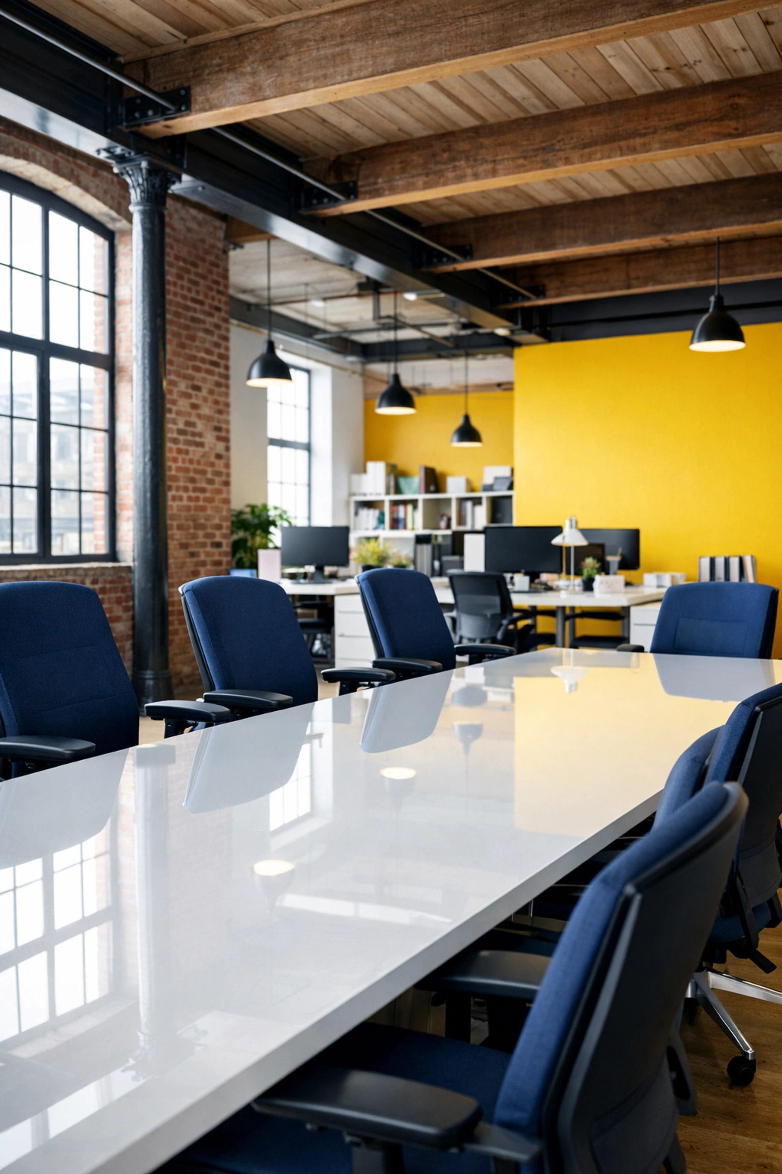 A modern Hudson office in a renovated mill showcasing the results of high-standard commercial cleaning.