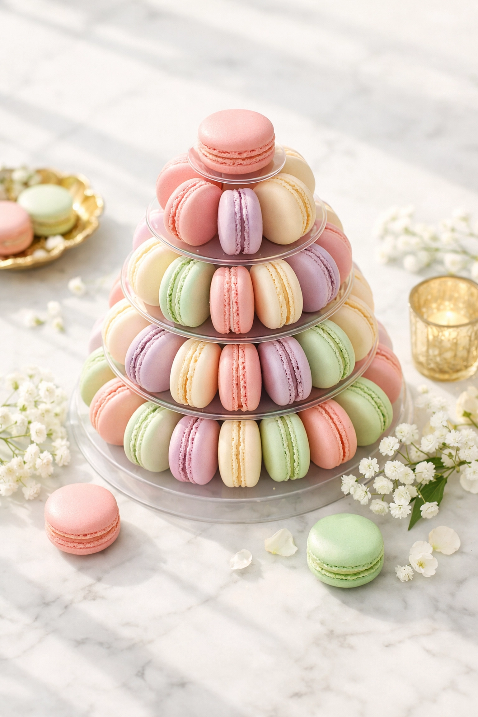 Pastel macaron tower display with pink, lavender and mint macarons from Johannesburg bakery