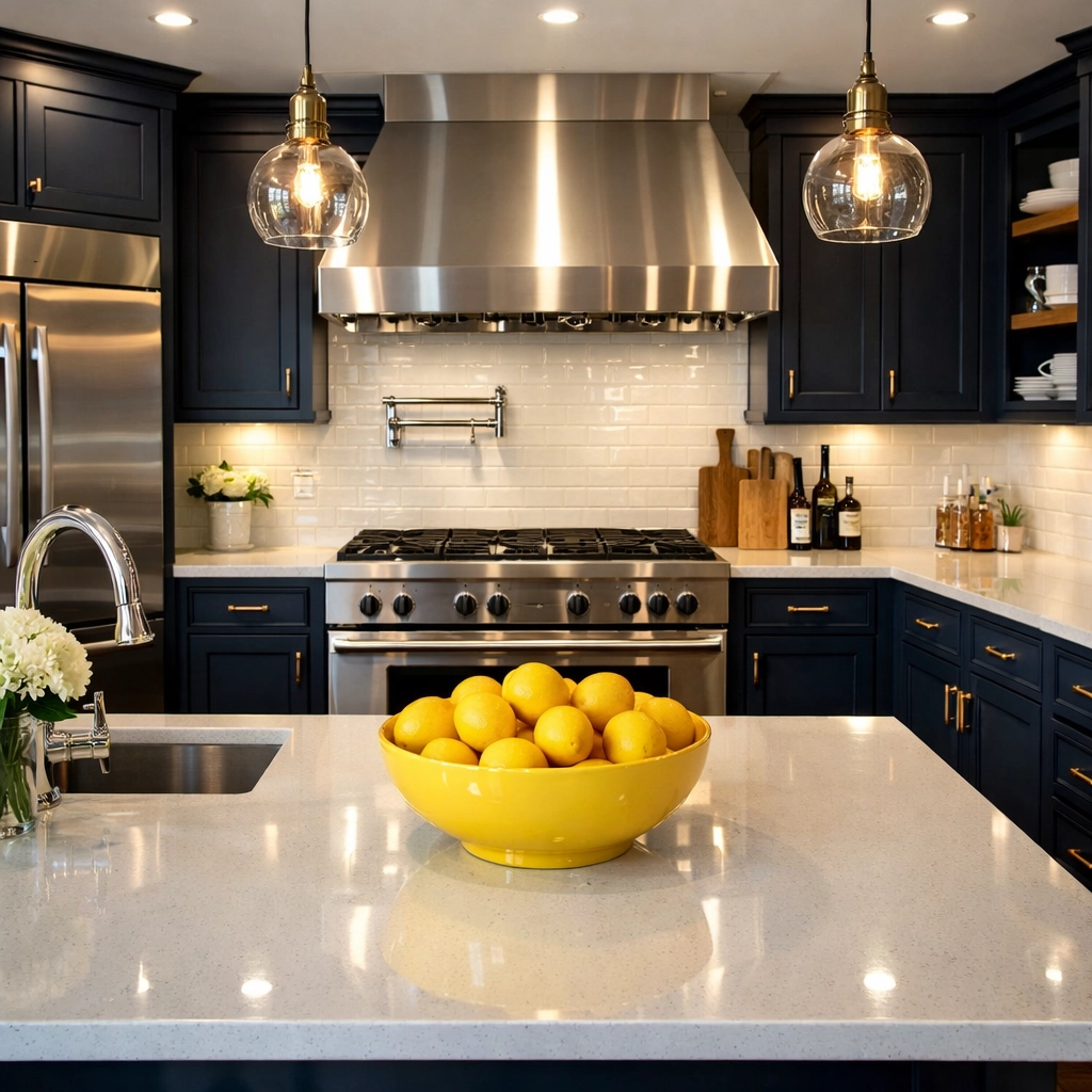Modern kitchen with polished surfaces and navy cabinets after a professional deep cleaning Lowell session.
