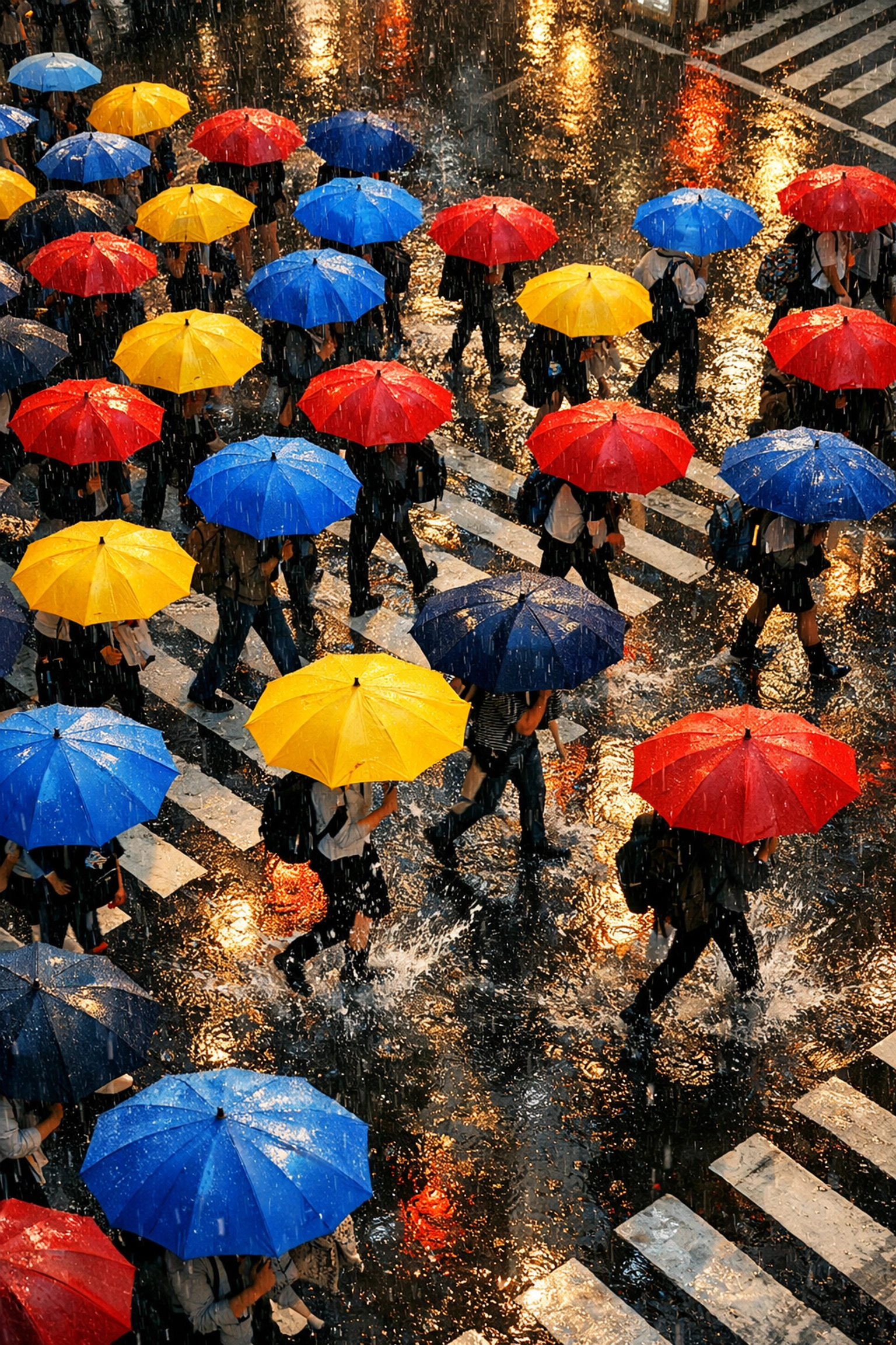 Street photography in the rain featuring colorful umbrellas from a high angle perspective.