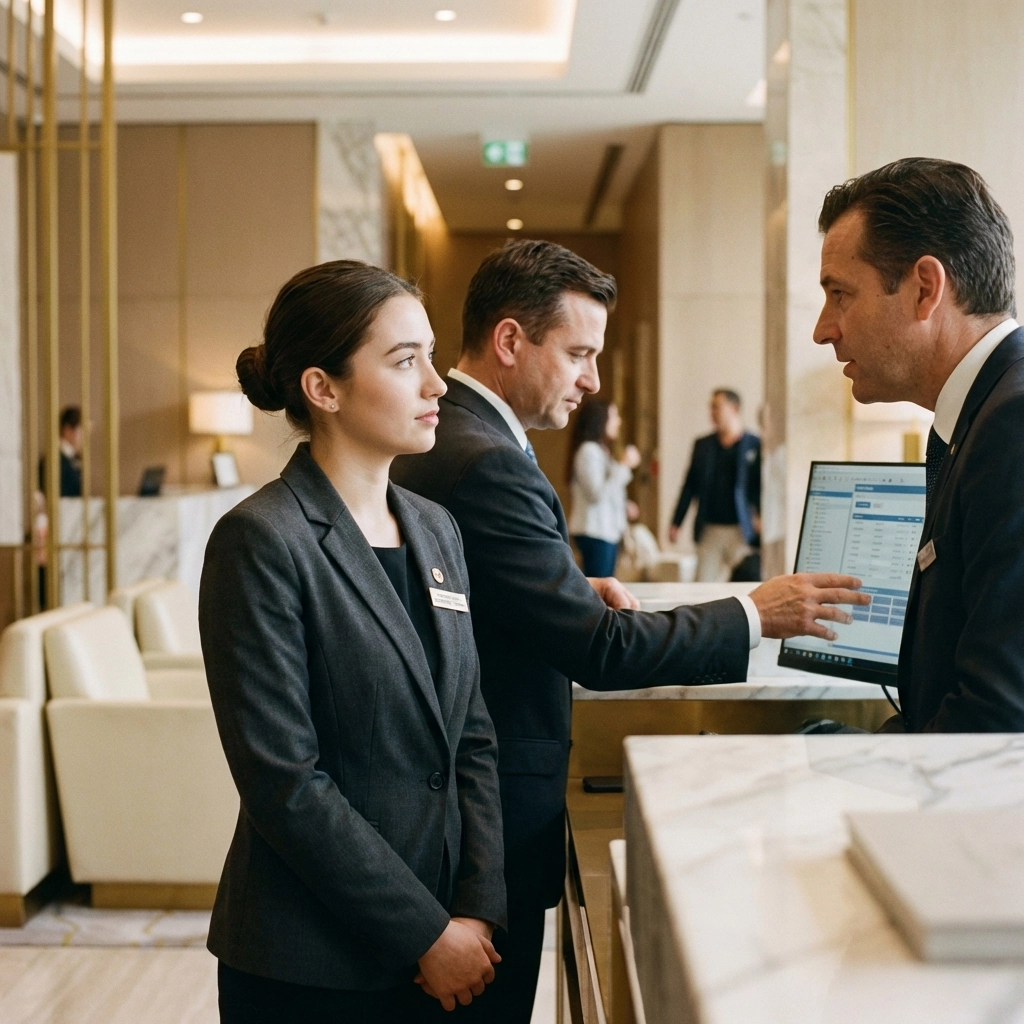 International hospitality trainee receiving front desk mentorship in a hotel lobby, showcasing J-1 program impact