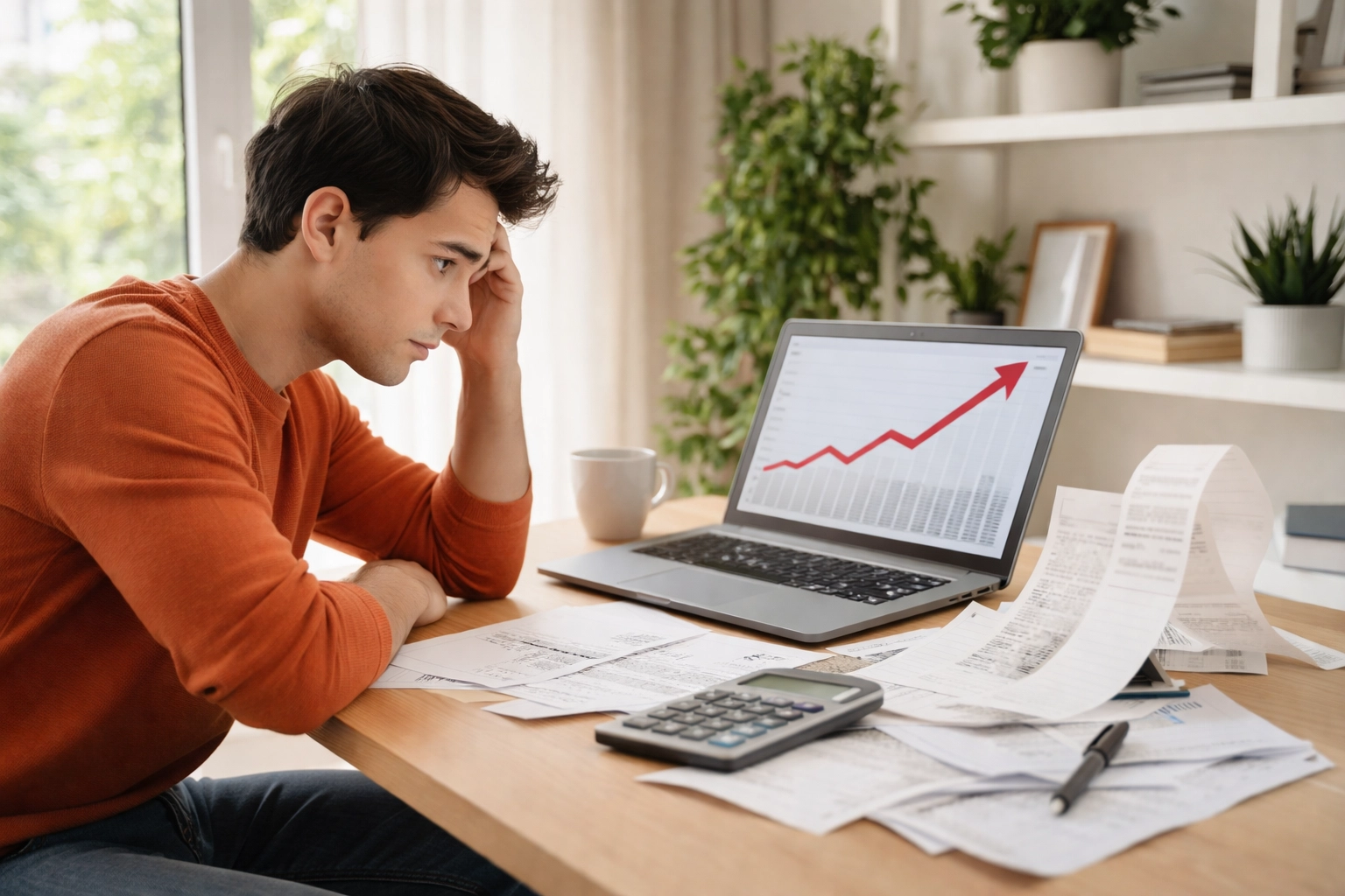 Frustrated business owner watches money drift from laptop toward social media, showing rising ad costs versus email ownership.