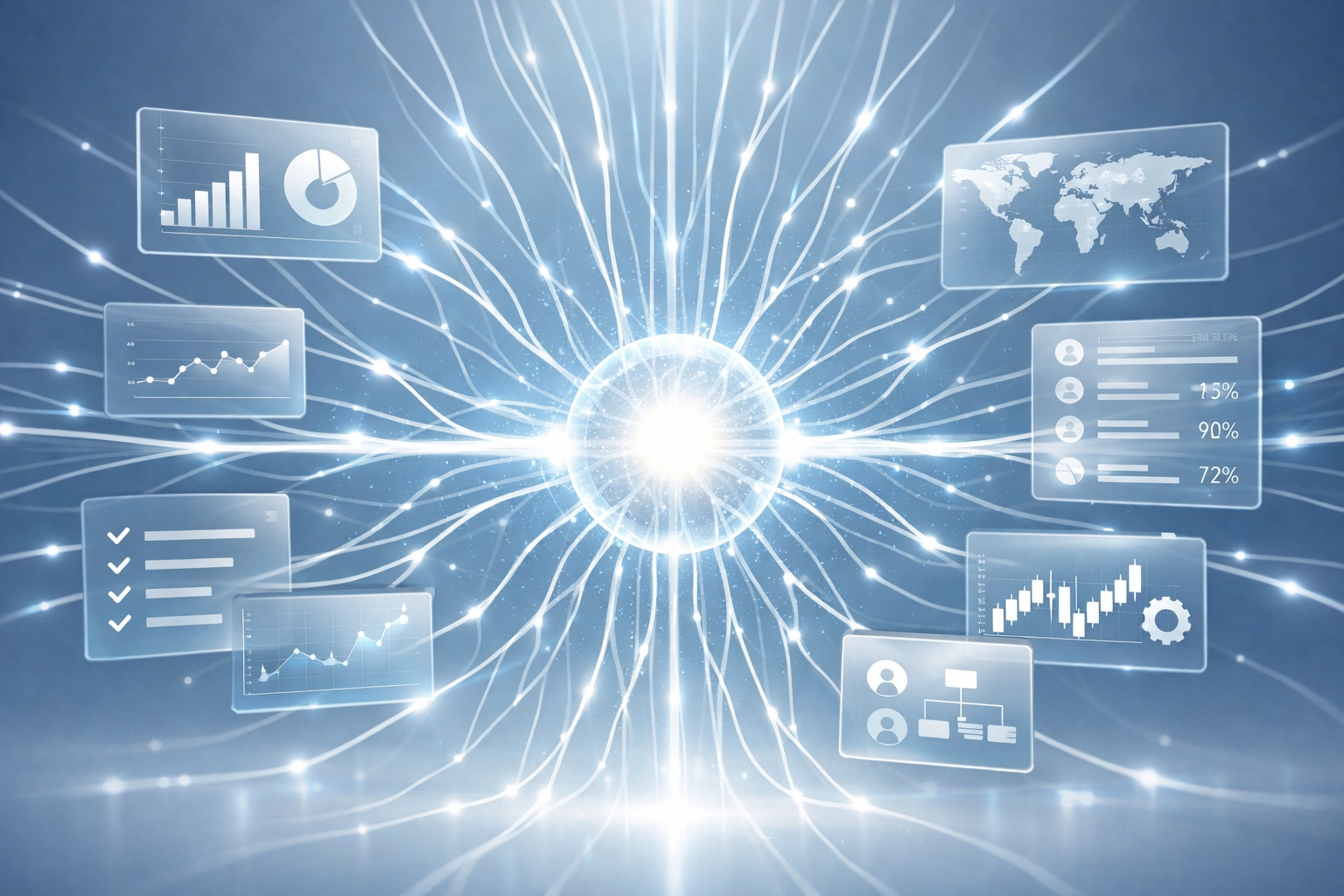 Central business automation consulting engine connecting data points for real-time operational excellence.