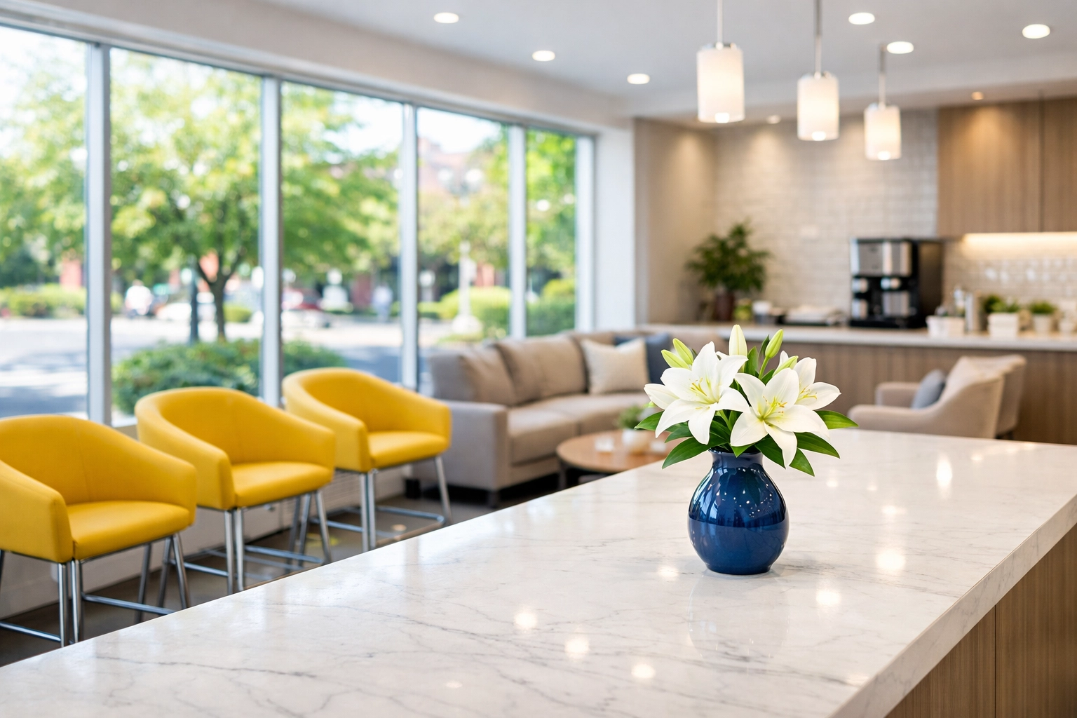 A clean corporate breakroom in Maynard with sanitized counters to improve employee health and workplace safety.