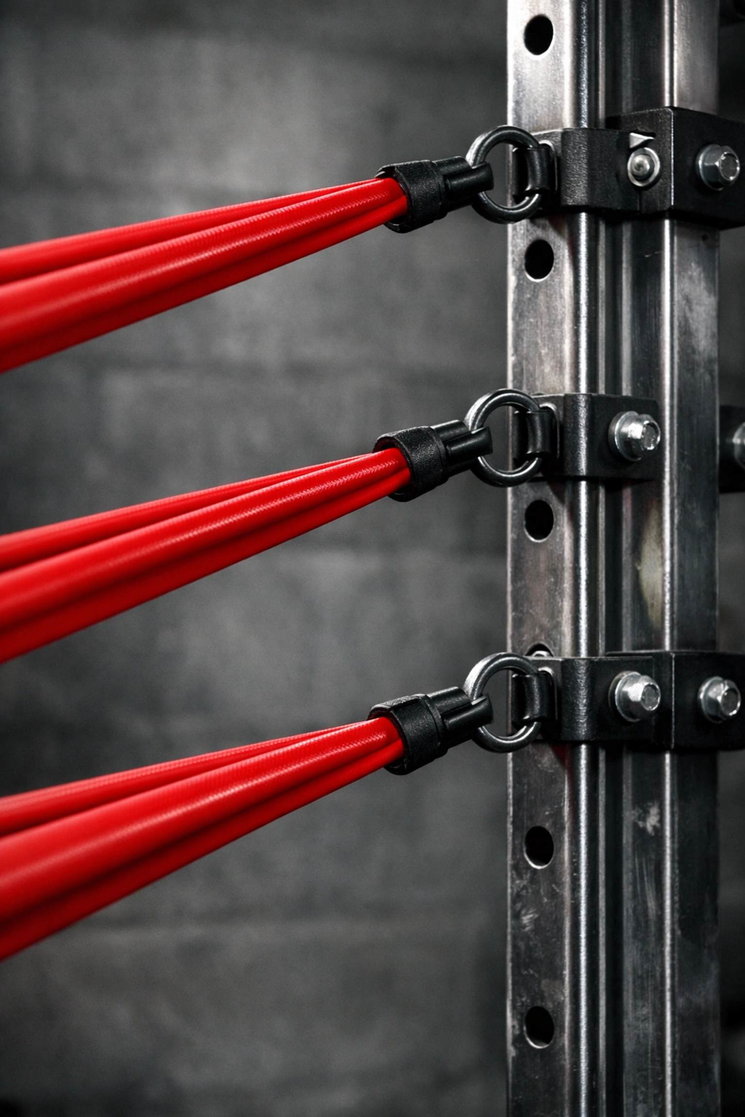 Heavy-duty red bands for resistance training anchored to a versatile home gym vertical rail system.