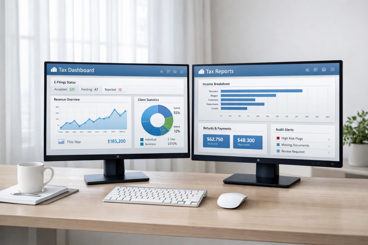 Dual monitor setup showing integrated practice management and tax software dashboards