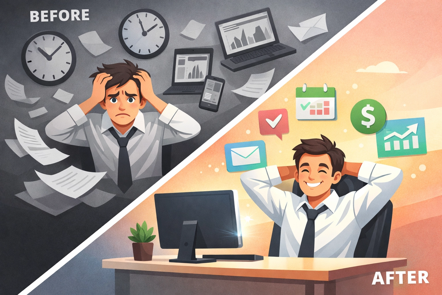 Business owner stress reduction: from overwhelmed with multiple tools to calm with unified dashboard