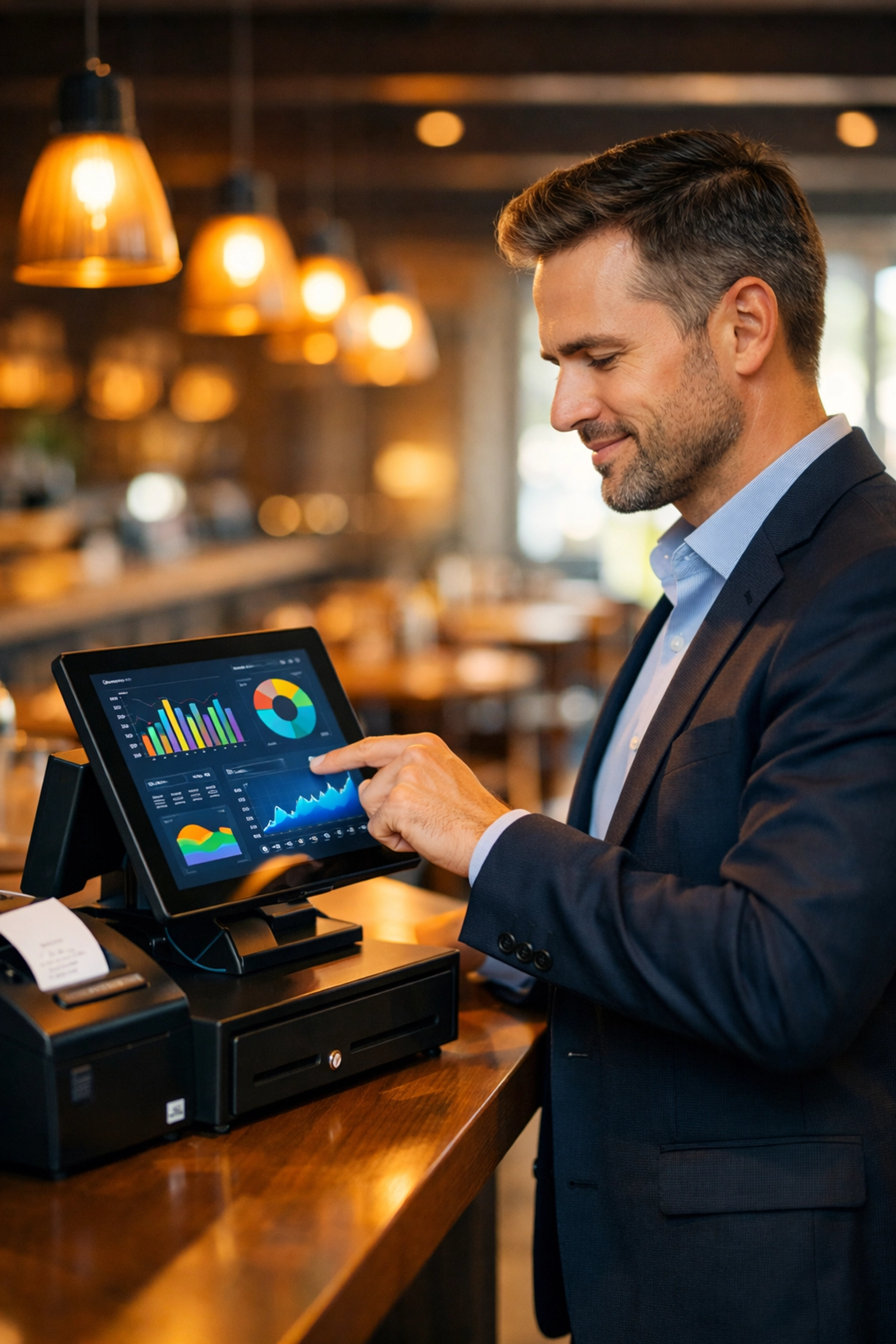 Restaurant manager using Toast POS tablet to view real-time analytics and operational data
