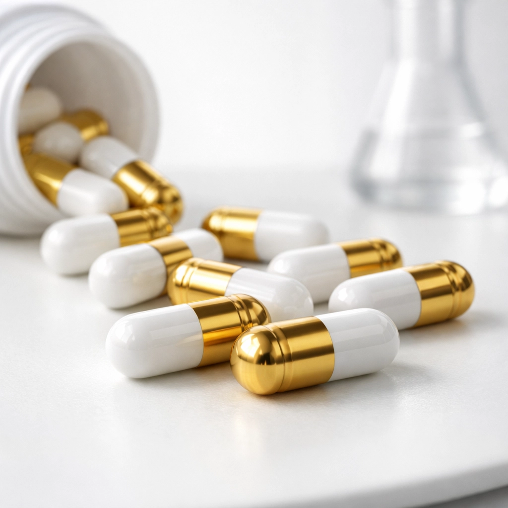 Mens Test Boost capsules spilling on a clinical surface, representing natural peptide bioregulator support.