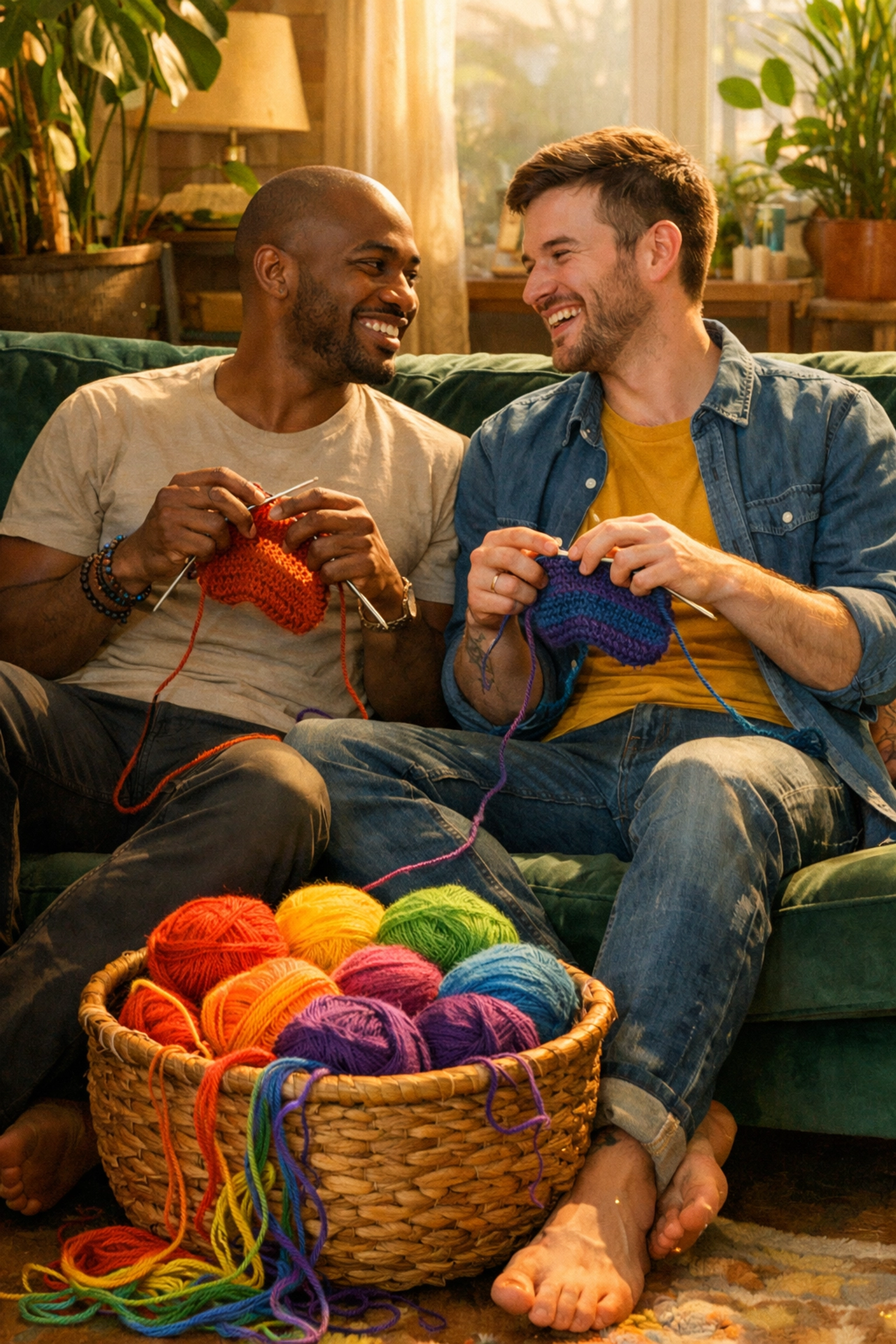 Two queer men laughing while knitting with rainbow yarn, building a found family through slow burn hobbies.
